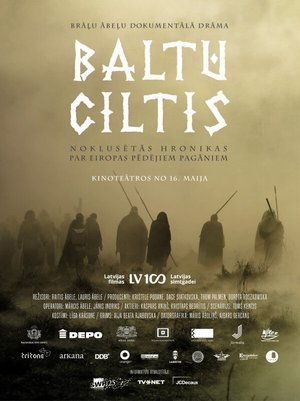 Movie poster for 'BALTU GILTS', featuring five silhouetted figures walking in a foggy, desolate landscape with a muted color palette.