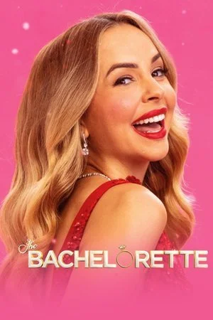 A woman with long blonde hair smiling and winking against a pink background with the text 'The Bachelorette'.