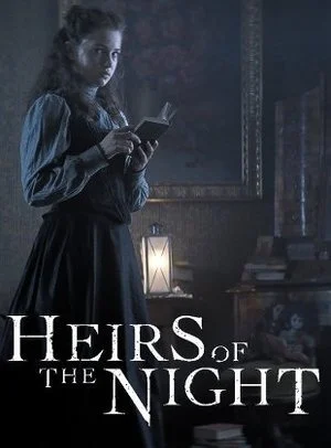 Young woman standing in a dimly lit room, holding a book, with the title 'Heirs of the Night' in the foreground.