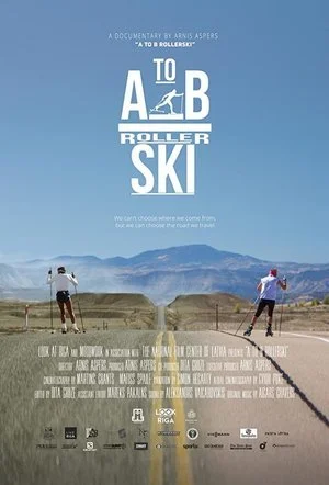 Two people ice skating outdoors on a sunny day with mountains in the background, promoting a documentary about roller skating from A to B.