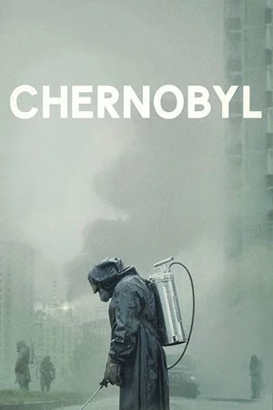 A person in a protective suit with a tank on their back spraying disinfectant outdoors, with the word 'Chernobyl' superimposed on the image.