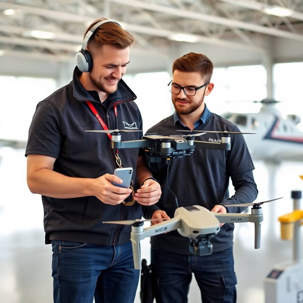 Two men at an airport or drone testing facility operating a drone; one man is wearing headphones and holding a smartphone, while the other man is wearing glasses and holding a remote controller.