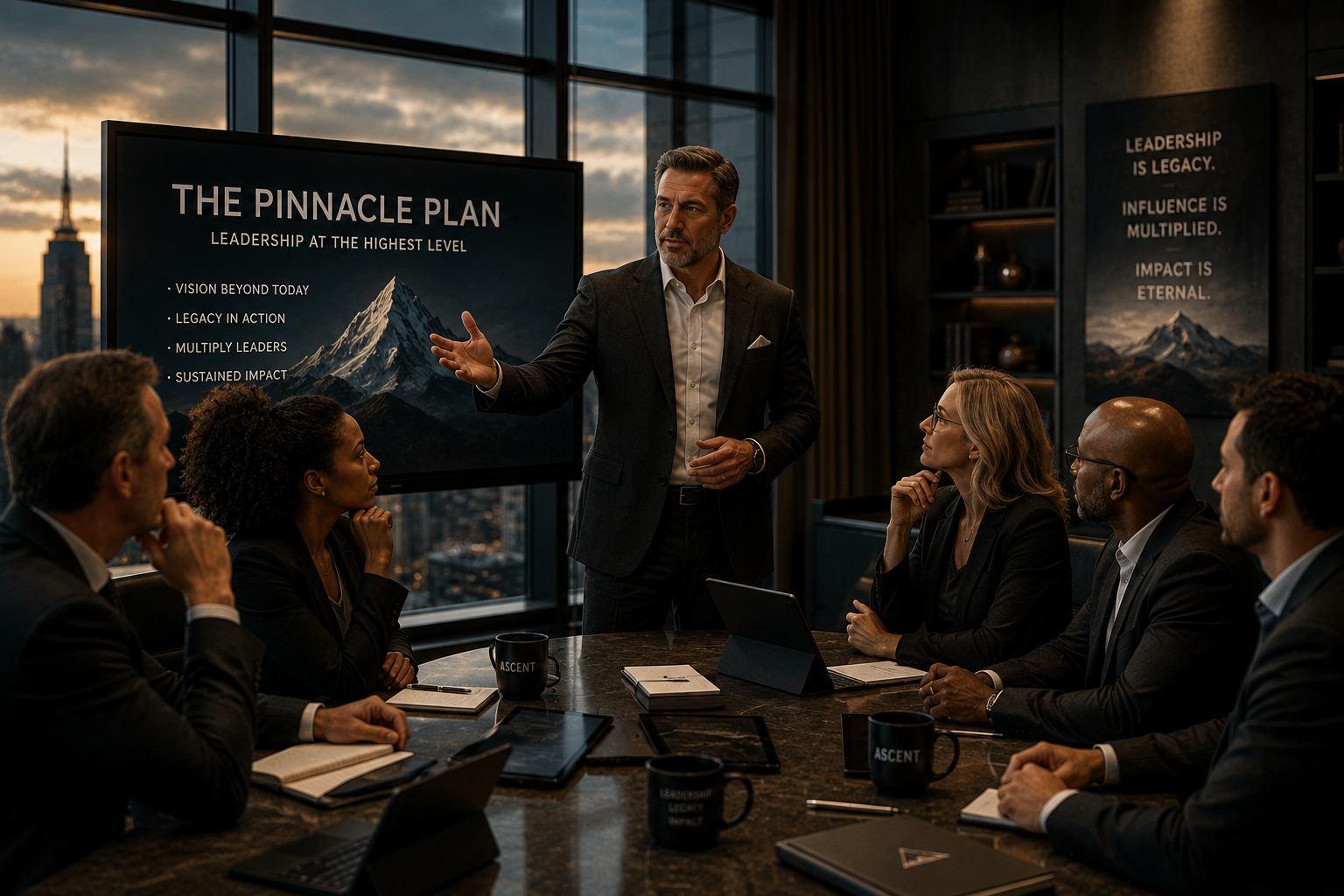 A business presentation in a modern conference room with large windows showing a city skyline at sunset. A man in a dark suit is speaking to a group of six diverse professionals sitting around a large table, with notebooks, tablets, and coffee mugs. The presentation slide behind him displays "The Pinnacle Plan" with points on leadership and impact.