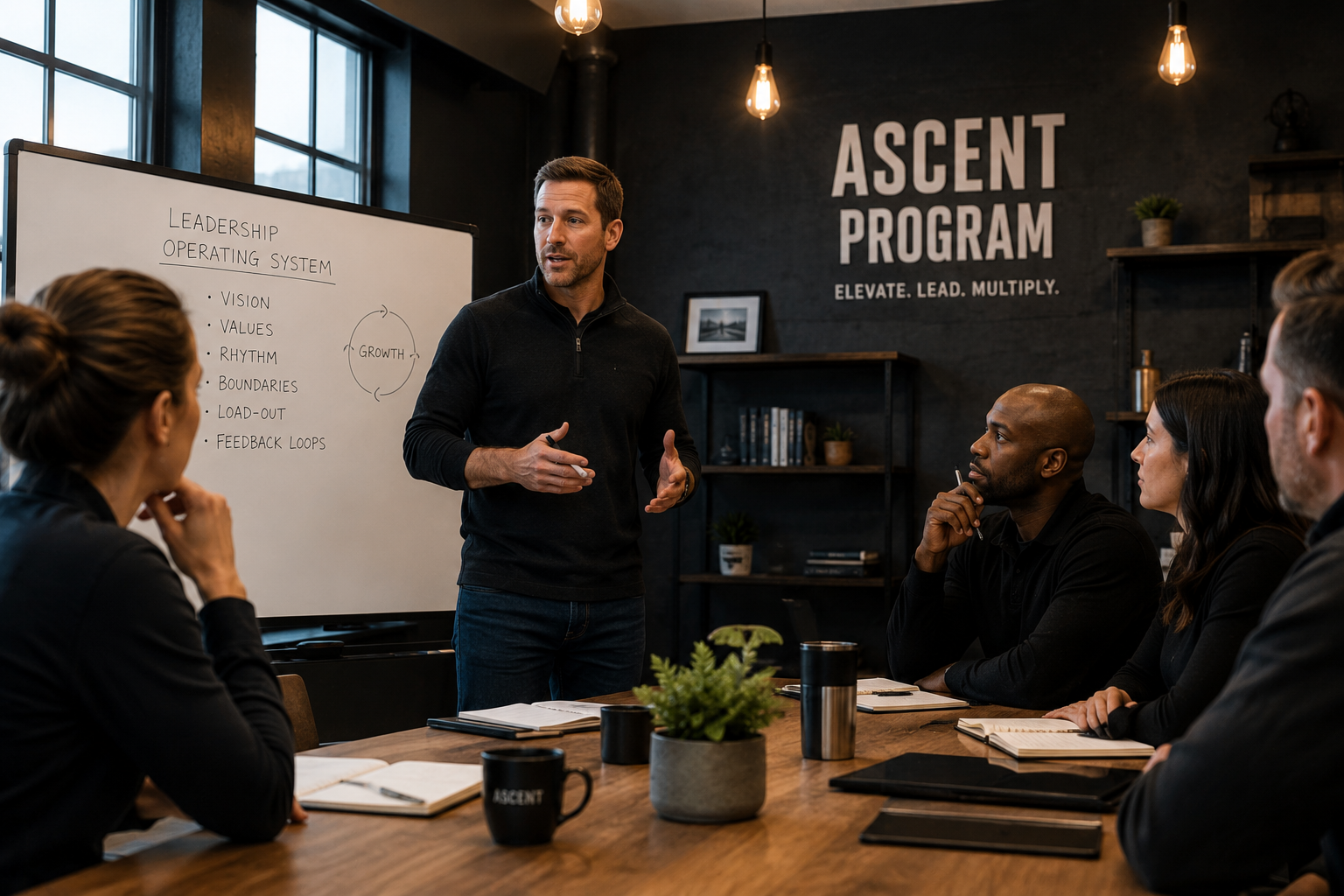 A man leading a business meeting or training session with five people seated around a conference table, whiteboard with notes, in a modern office with Edison-style light bulbs and a sign that reads "ASCENT PROGRAM."
