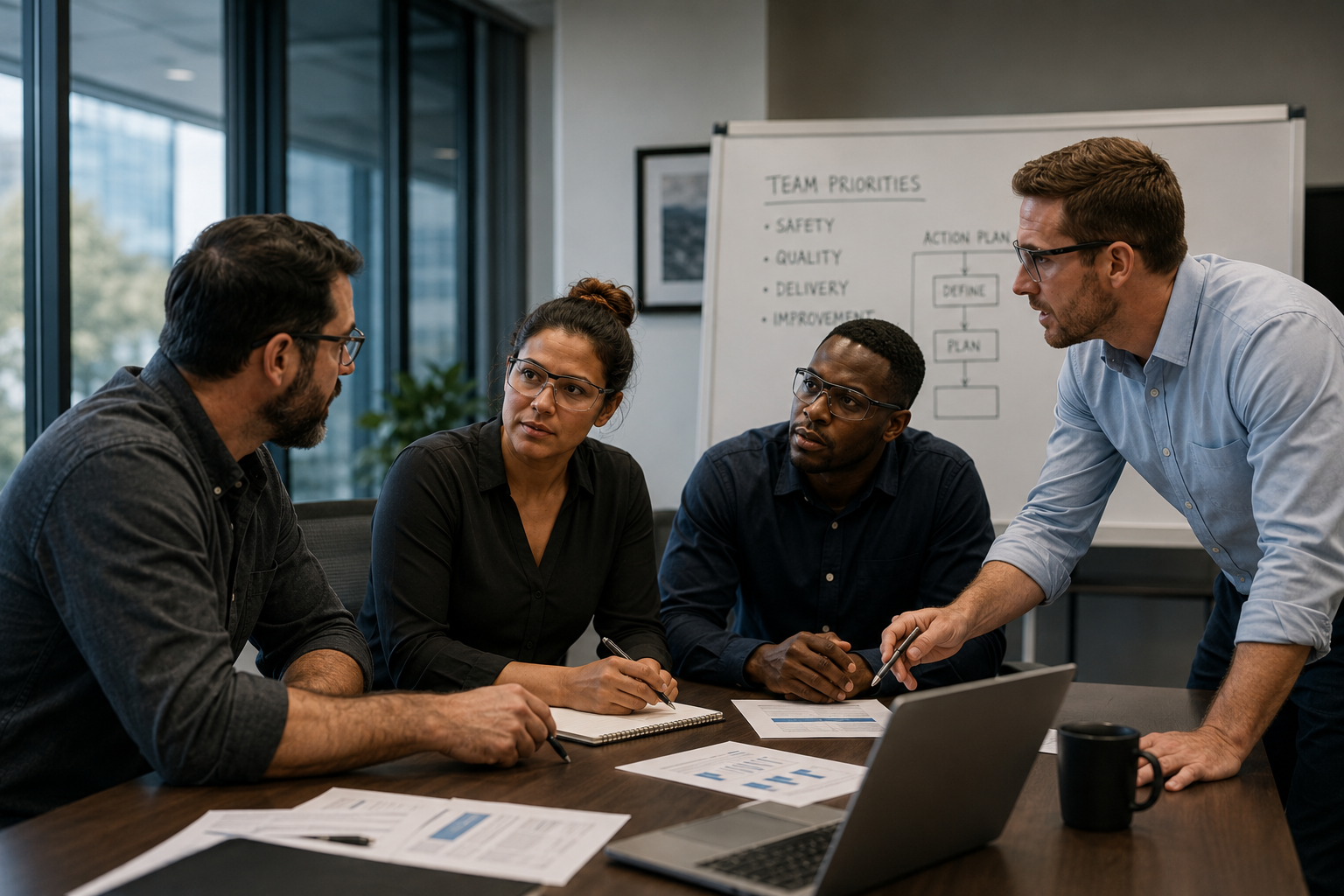 A group of five diverse professionals having a discussion in a conference room, with a man standing and pointing at documents on the table, and a whiteboard titled 'Team Priorities' in the background.