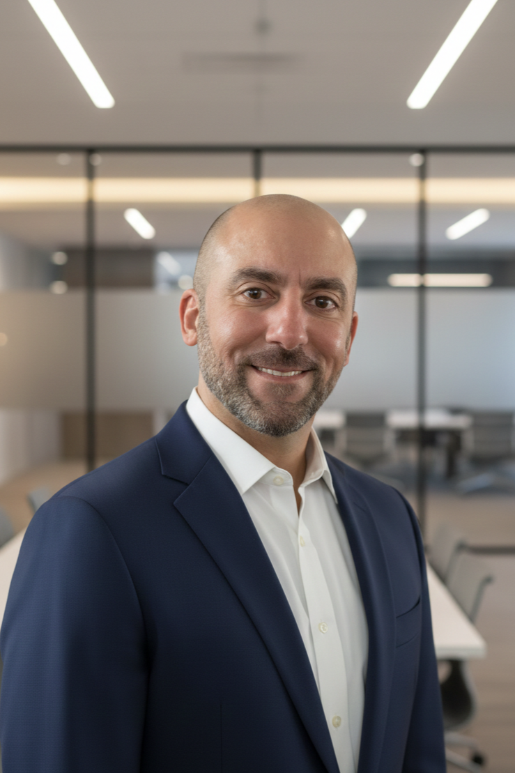 A smiling man in a navy suit and white shirt standing in an office conference room.