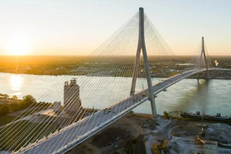 The Gordie Howe International Bridge, which connects Windsor, Ontario, and Detroit, Michigan, is seen at sunset in October 2025.