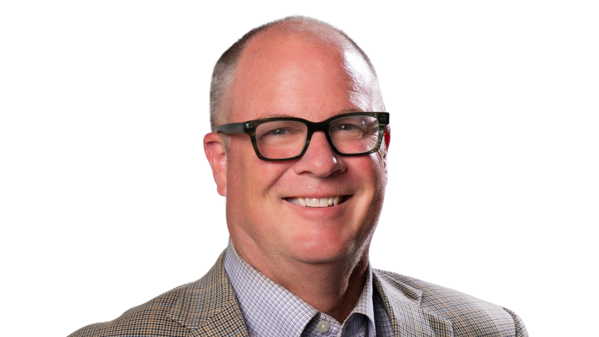 A smiling middle-aged man with glasses, dressed in a checked blazer and dress shirt, against a plain white background.
