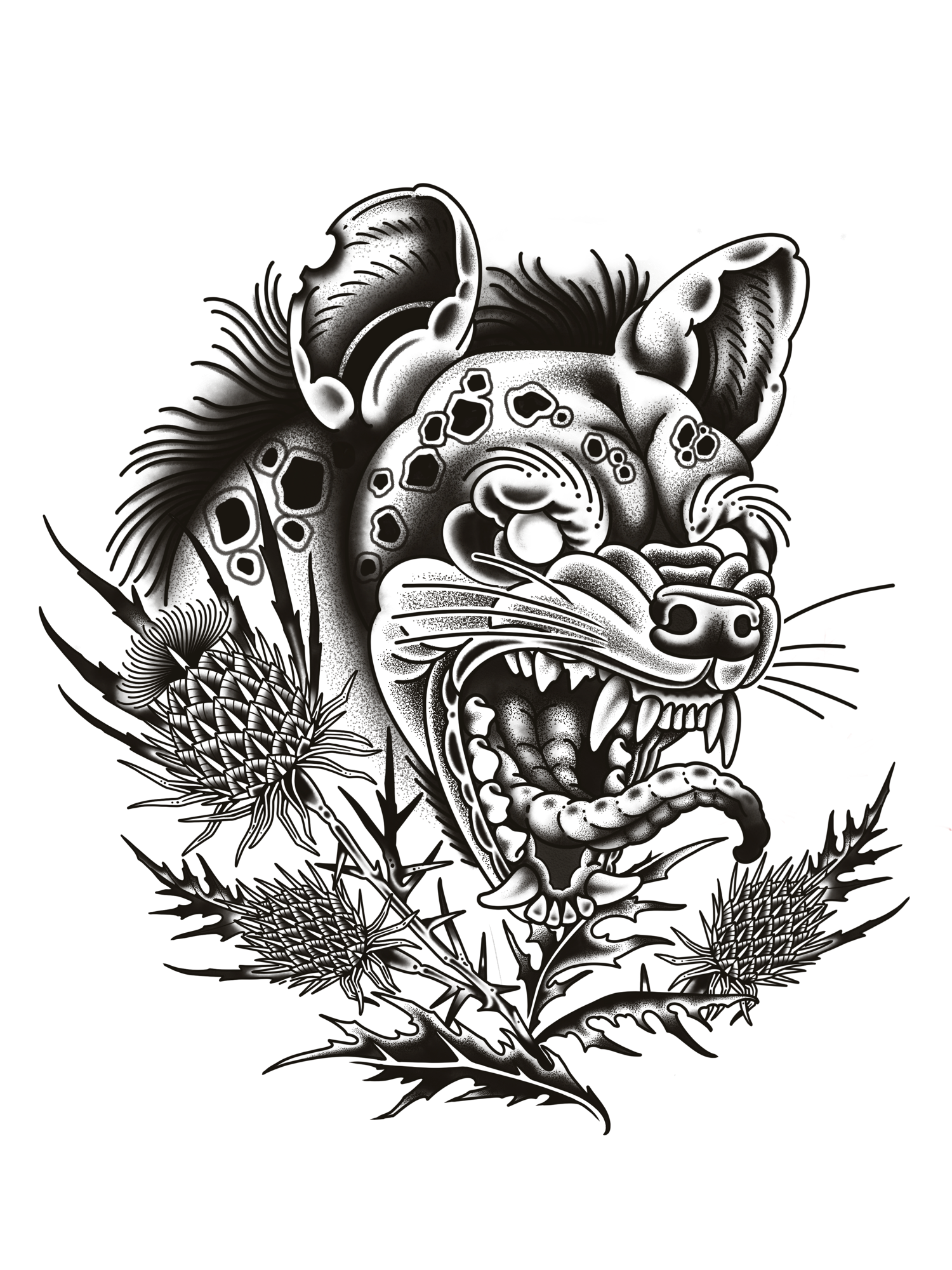 Schwarze und weiße Tattoo-Illustration eines fauchenden Tigers mit Stacheln und Pflanzen