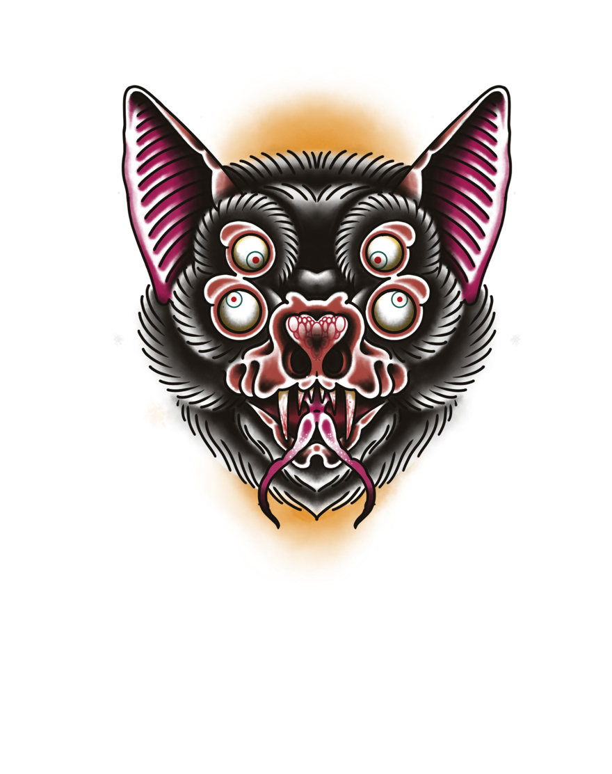 Ein künstlerisch gestaltetes Tiergesicht mit dämonischen Zügen, großen pinken Ohren, mehreren Augen und einer offenen Schnauze mit Zunge.