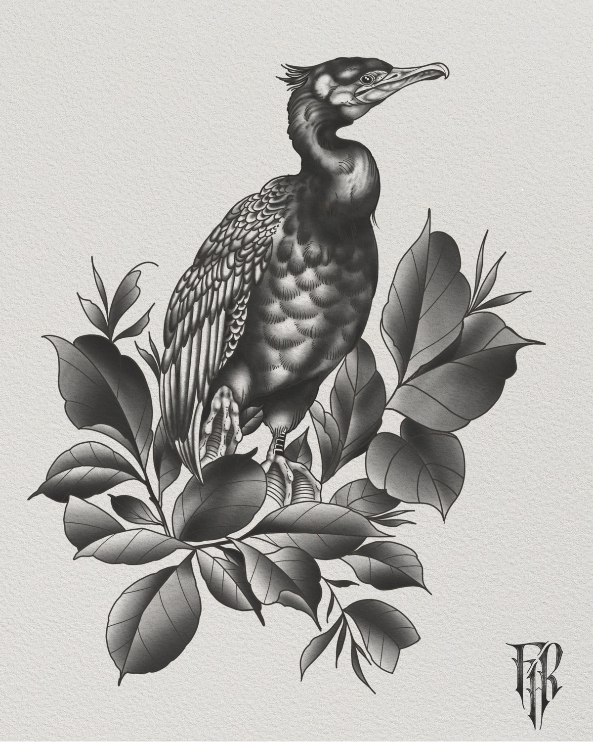 Schwarz-weiß Illustration eines Vogels mit Flügeln auf einem Ast mit Blättern, im unteren rechten Eck ein kunstvolles Monogramm.