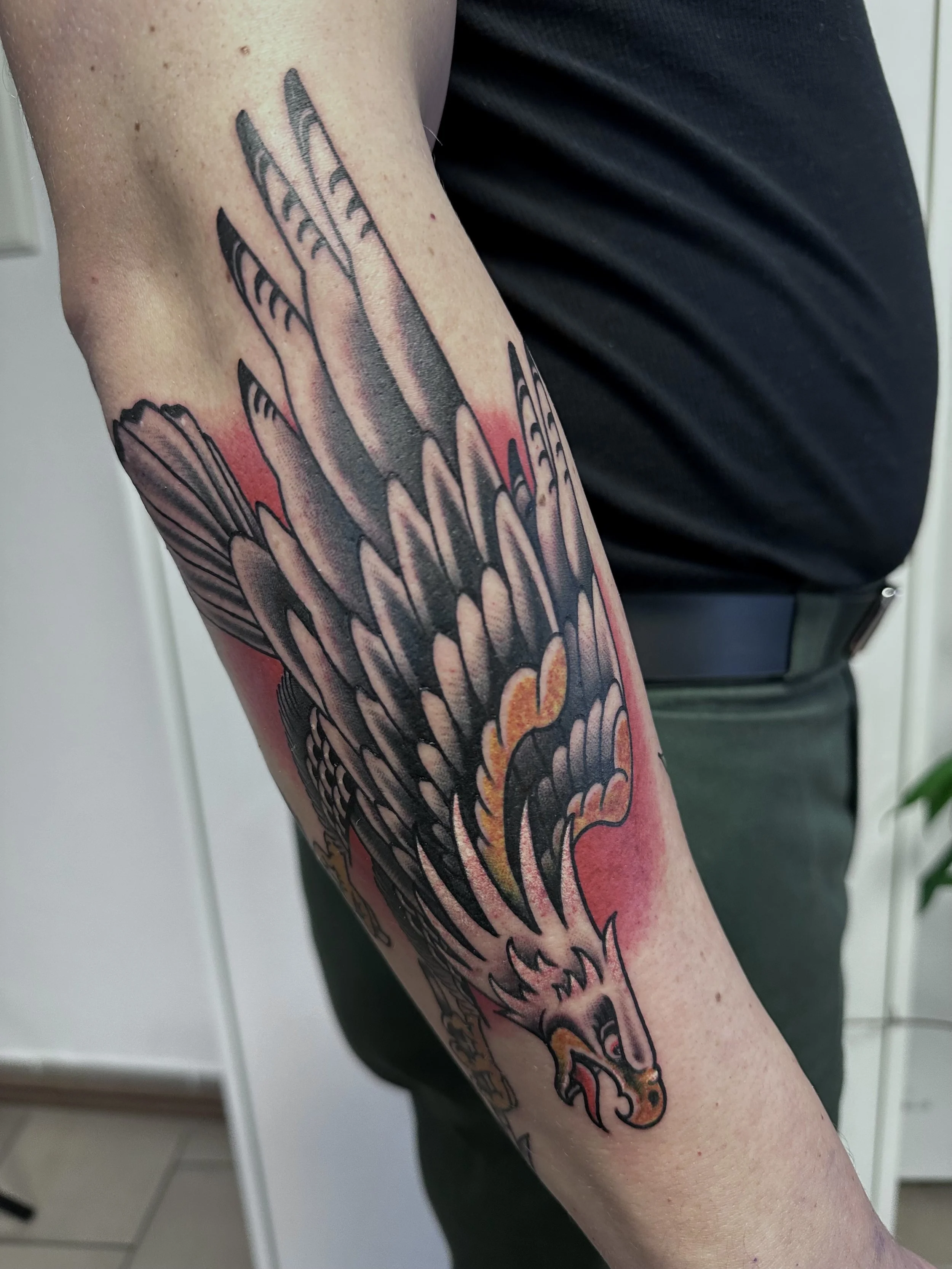 Tattoo eines Adlers auf dem Unterarm, mit schwarz, grau, orange und pinkfarbenen Details, auf einem menschlichen Arm.