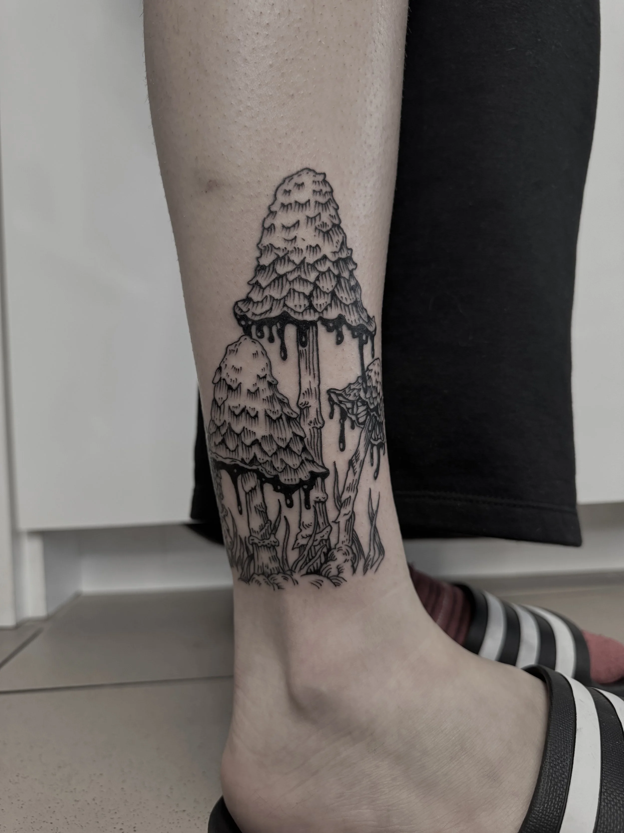 Schwarze Tätowierung auf dem Unterschenkel, die Pilze mit schuppiger Kappe und Tropfen zeigt.