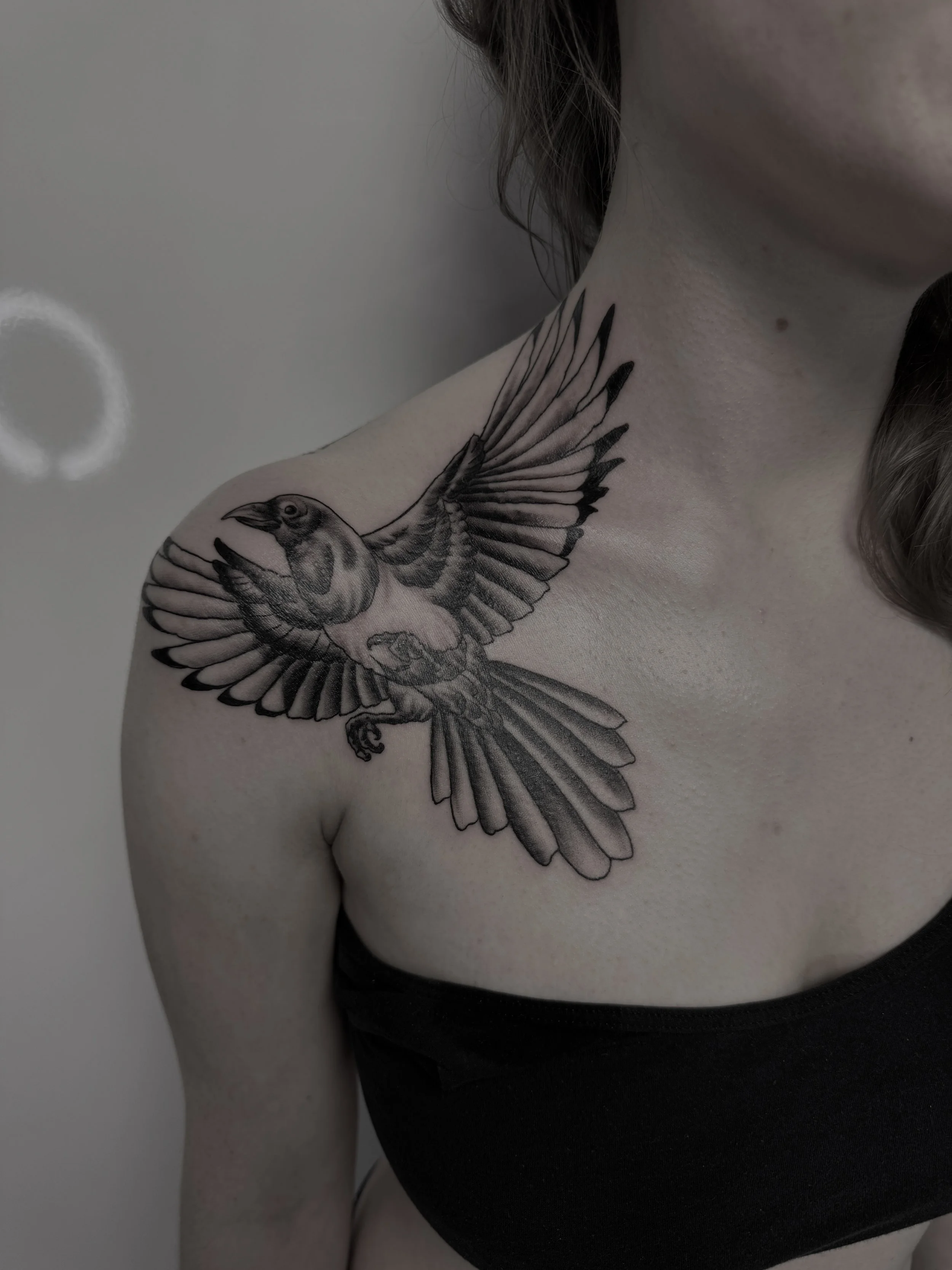 Schulter-Tattoo eines fliegenden Vogels in Schwarz und Grau auf heller Haut.