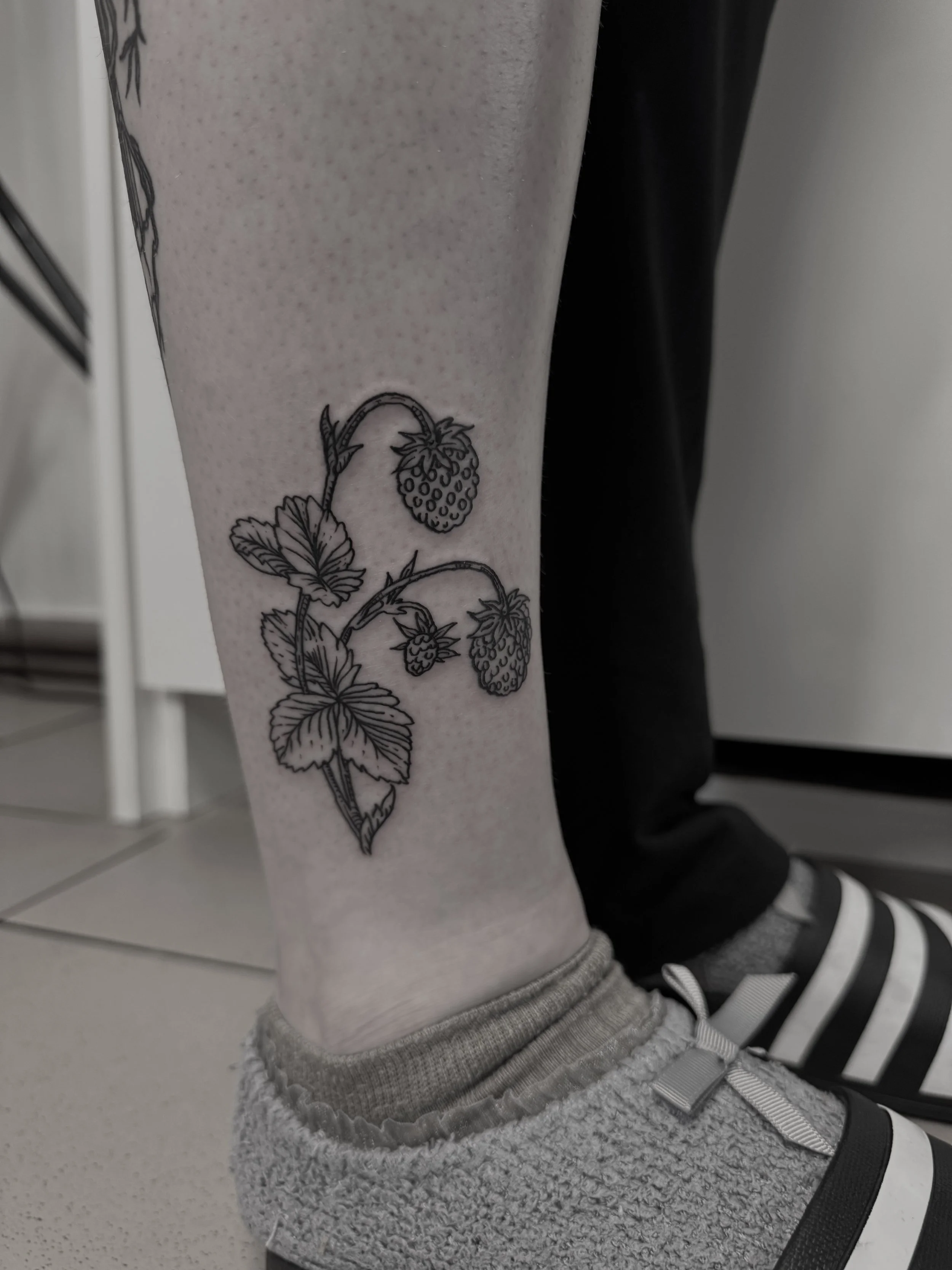 Tattoo eines Erdbeerstocks mit Blättern und Früchten am Unterschenkel.
