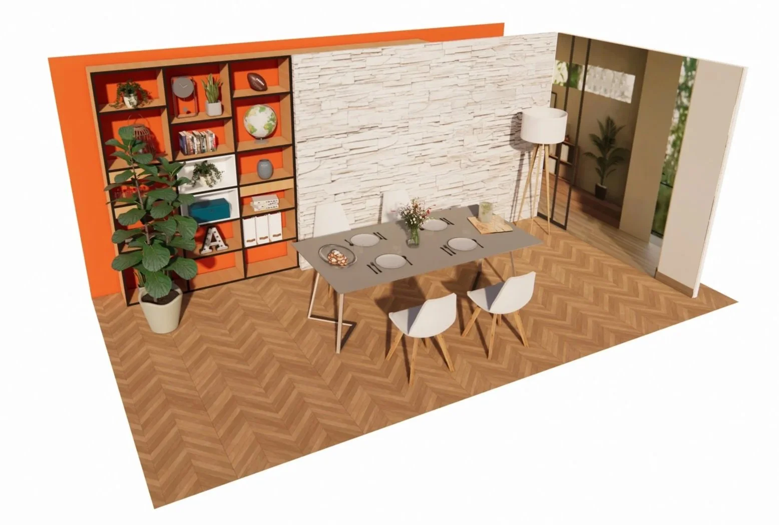 Salle à manger moderne avec table pour quatre personnes, décorée avec plantes et étagère en orange, mur en briques blanches, et espace lumineux avec grandes fenêtres.