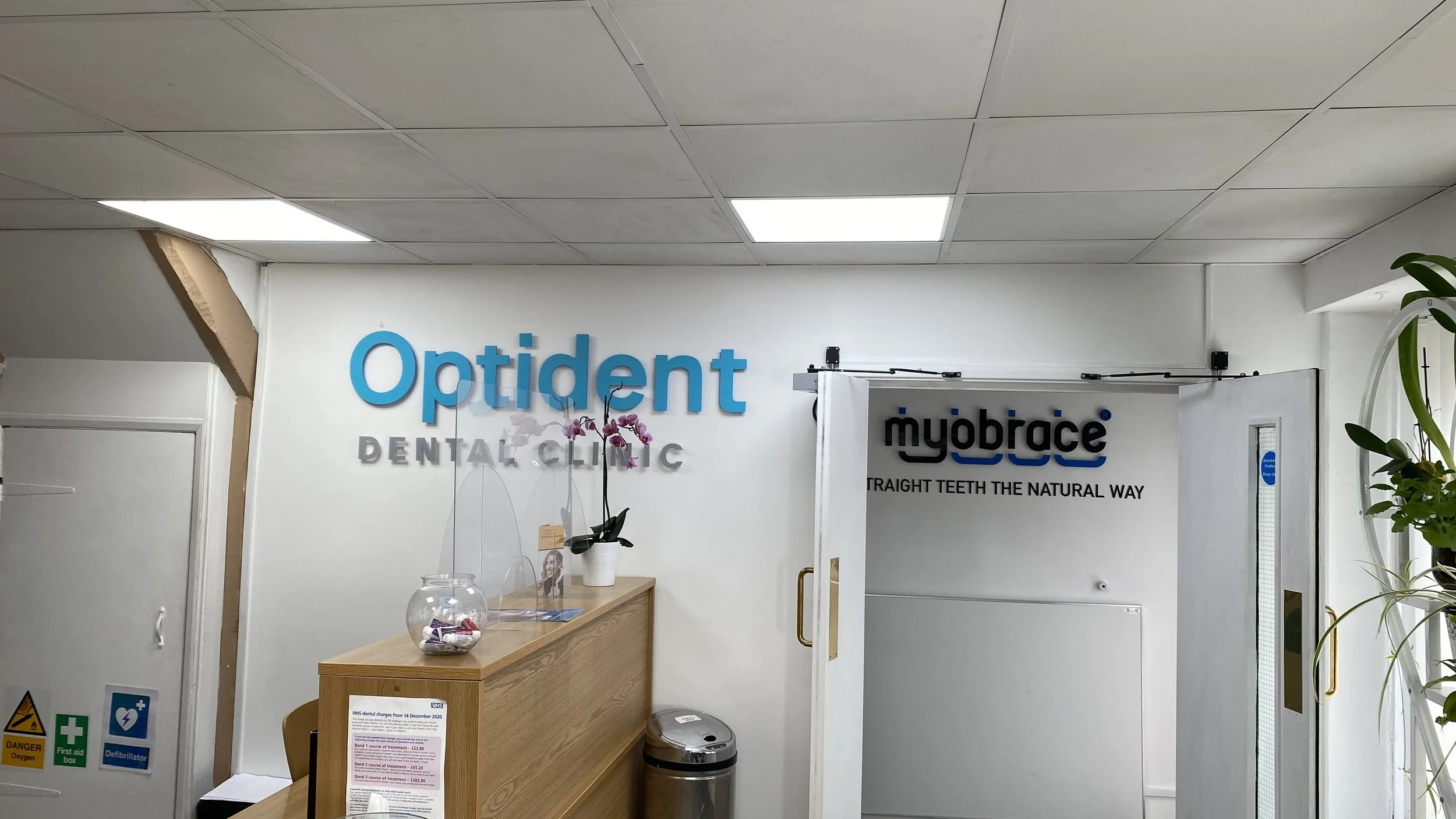 Reception area in a dental clinic with a white wall displaying the signs "Optident" in blue and "Dental Clinic" in gray, along with a potted orchid on a wooden counter, a glass jar, and some informational flyers. The right side shows an open door wit