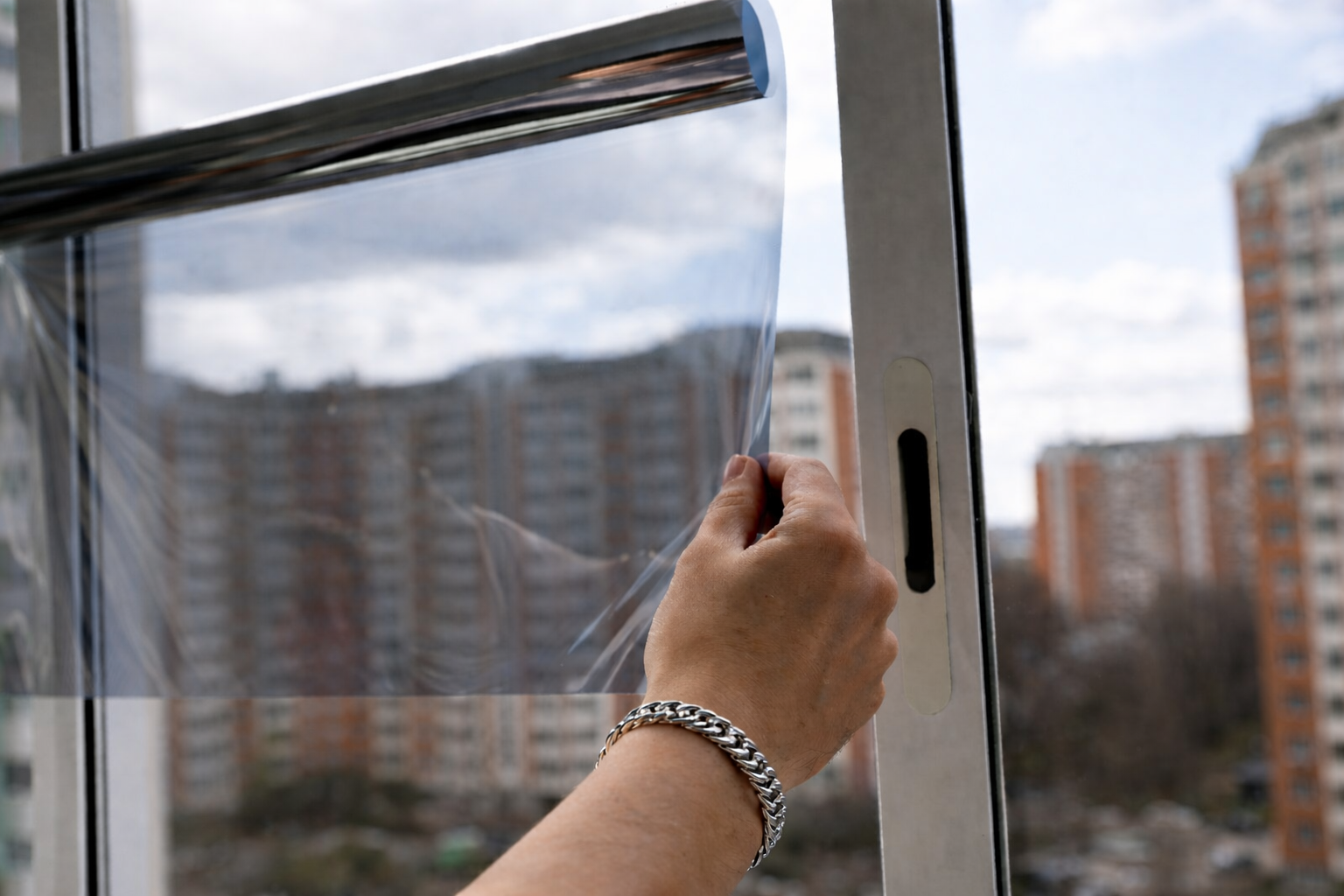 Person peeling off protective plastic from a window or glass surface with a cityscape of high-rise buildings in the background.