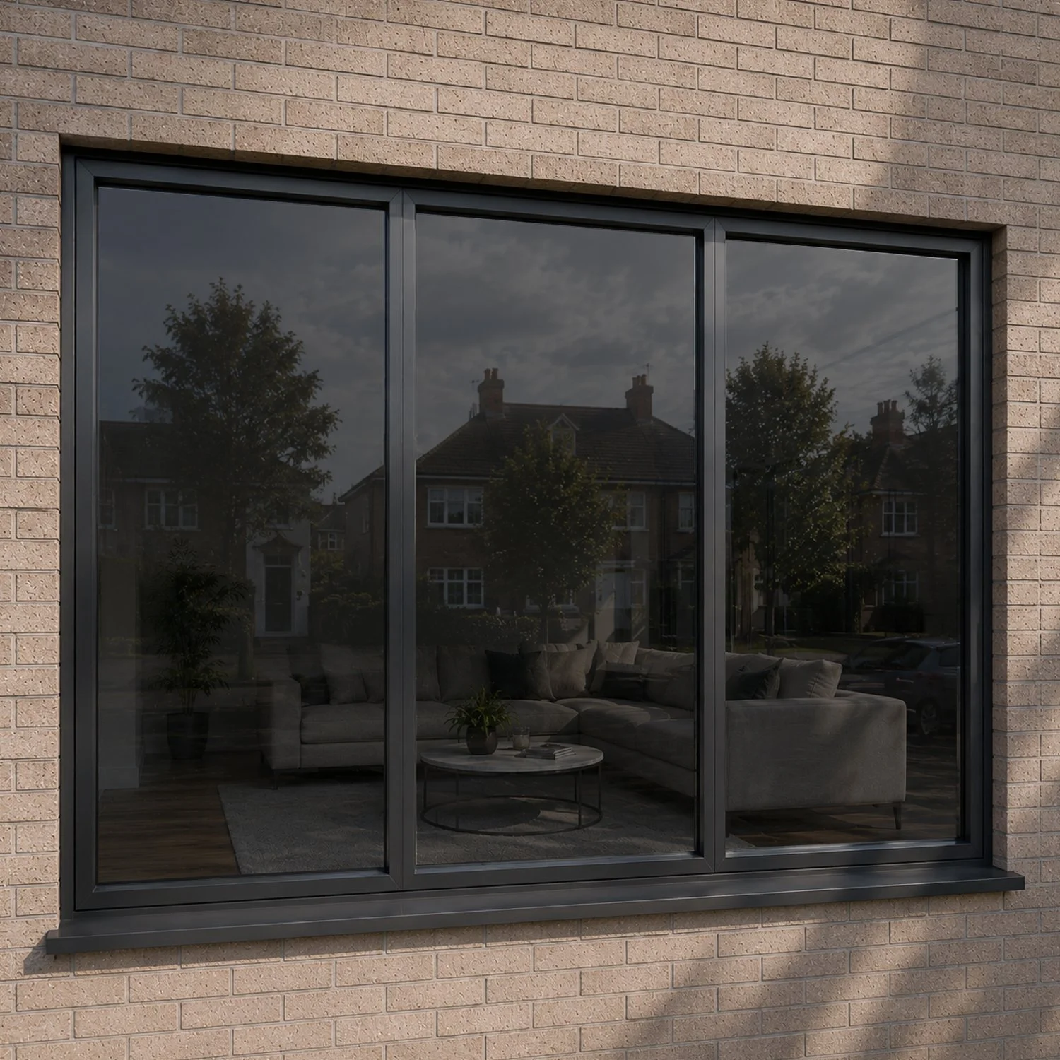 The image shows a large, square glass window on a brick exterior wall of a building. The reflection on the glass reveals houses, trees, and cloudy sky outside. Behind the window, a living room with a gray sectional sofa, cushions, a round coffee table, and some potted plants is visible.