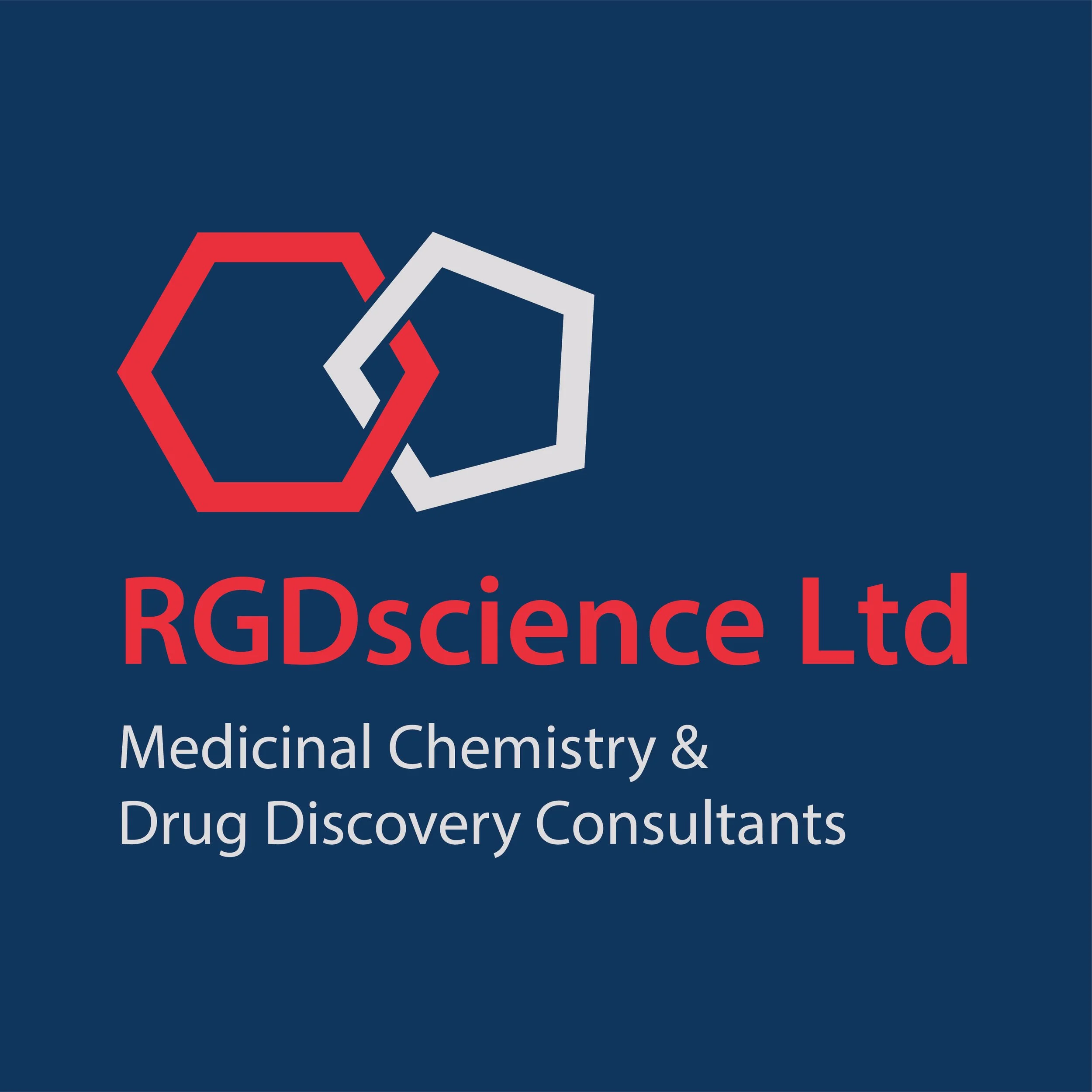 Logo of RGDsience Ltd with interconnected red and gray hexagons and the company name in red, with the tagline "Medicinal Chemistry & Drug Discovery Consultants" on a dark blue background.