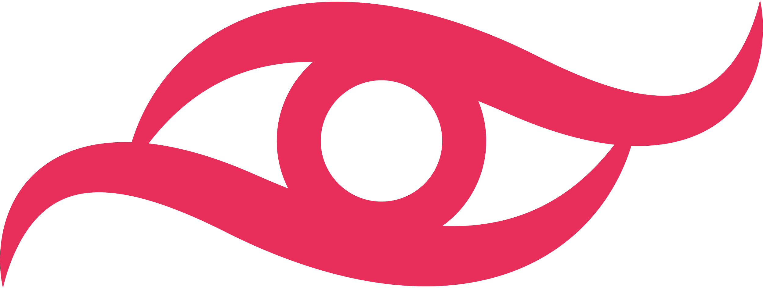 Stylized pink fish with black eye and flowing fins.