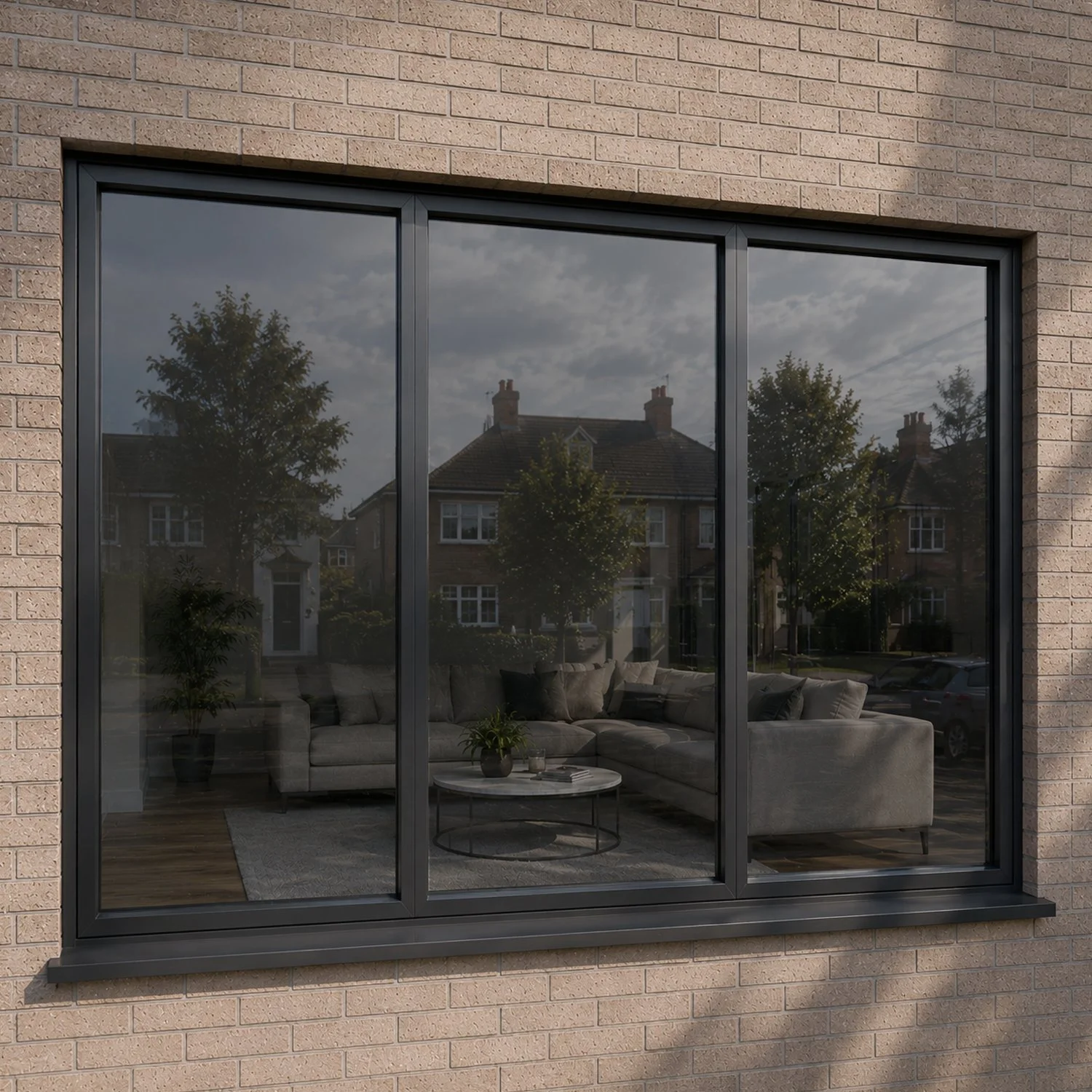 View of a modern house window with a reflection of neighboring houses, trees, and a cloudy sky.