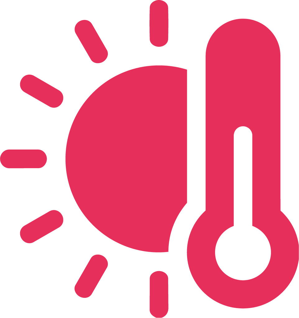 Icon of a sun with rays and a thermometer, indicating hot weather.
