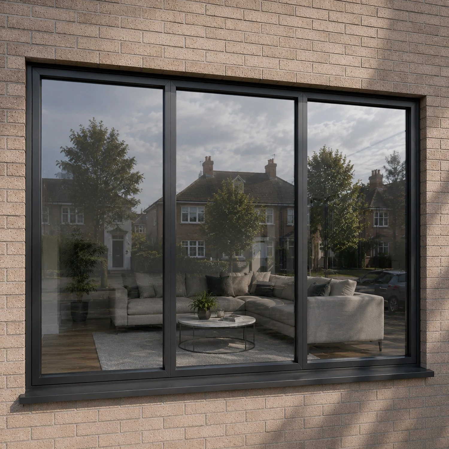 Reflection of a suburban street with houses, trees, and cloudy sky in a large glass window of a modern building.