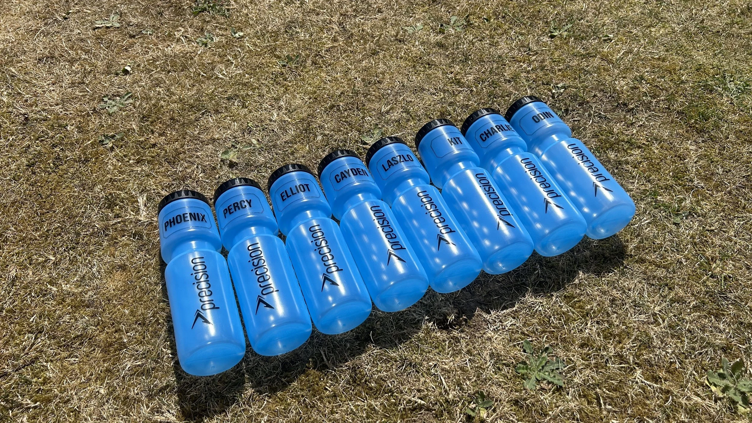 Ten blue water bottles arranged in a line on dry grass, each labeled with a different name.
