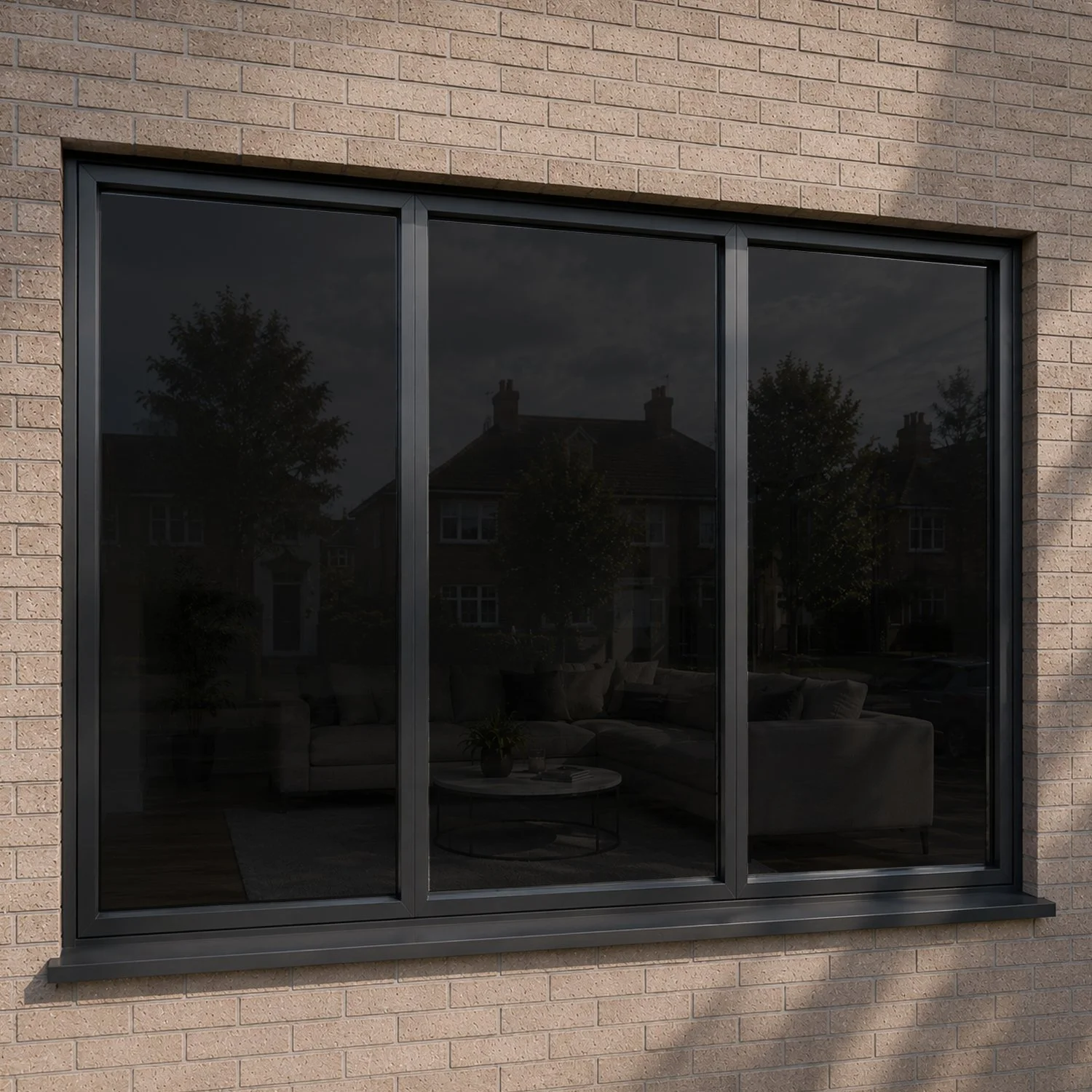 Reflective glass window on a brick wall, showing a cloudy sky and houses outside.