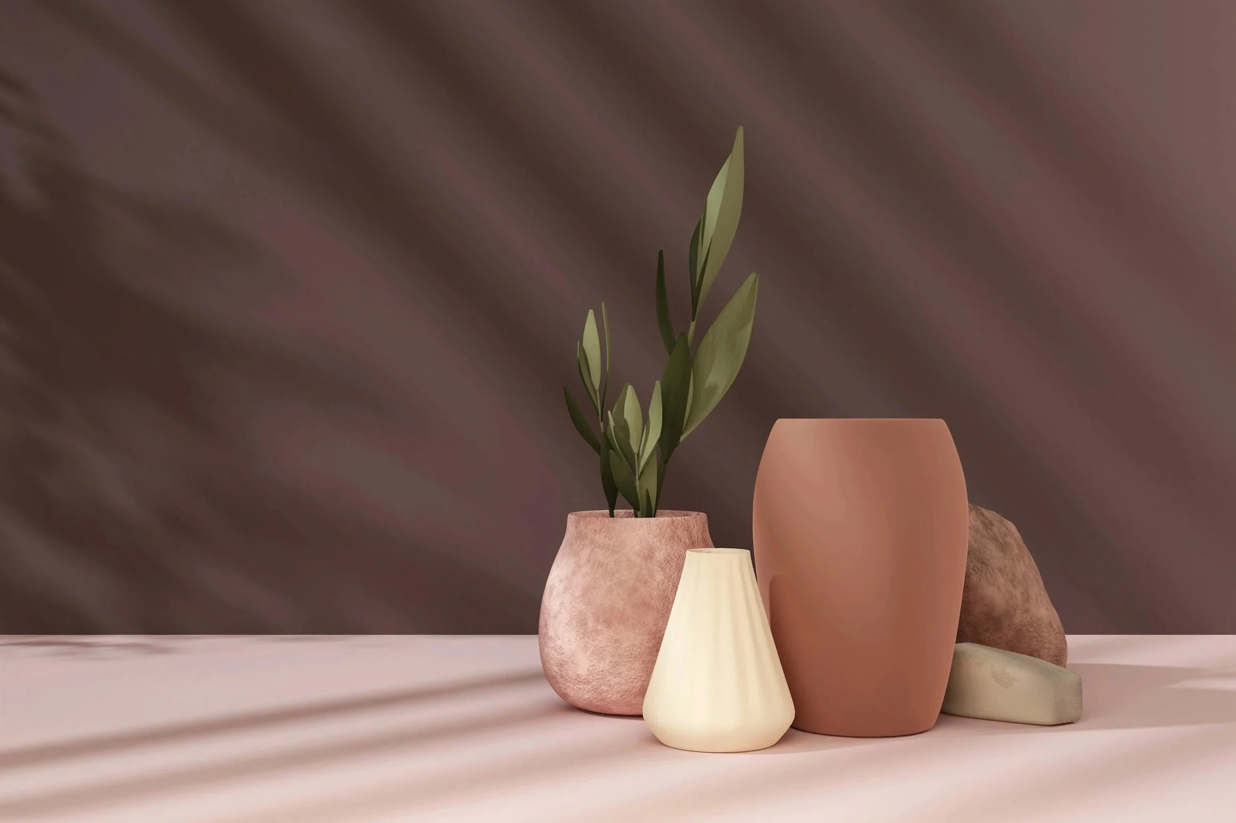 Arrangement of five different pottery vases, with one holding a green plant, against a blurred brown background with soft shadows.