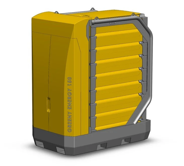 Modular battery energy storage system using second-life EV batteries for sustainable energy storage on emission-free construction sites, designed for demanding industrial environments. Greeny Energy M150 design by Dassen Industrial Design. BESS.