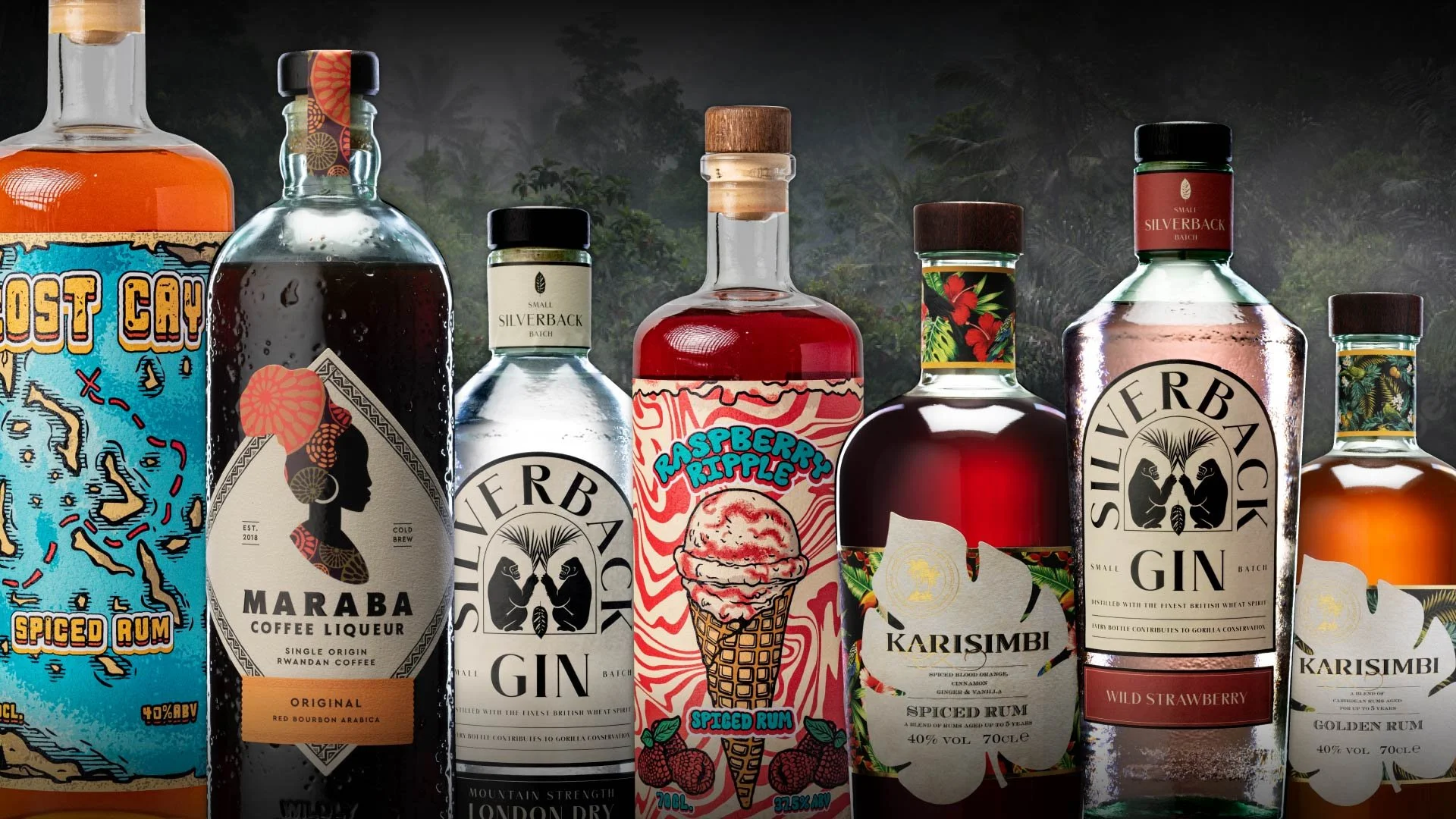 A lineup of colorful bottles of alcoholic beverages and mixers with various labels and designs, set against a dark, misty forest background.