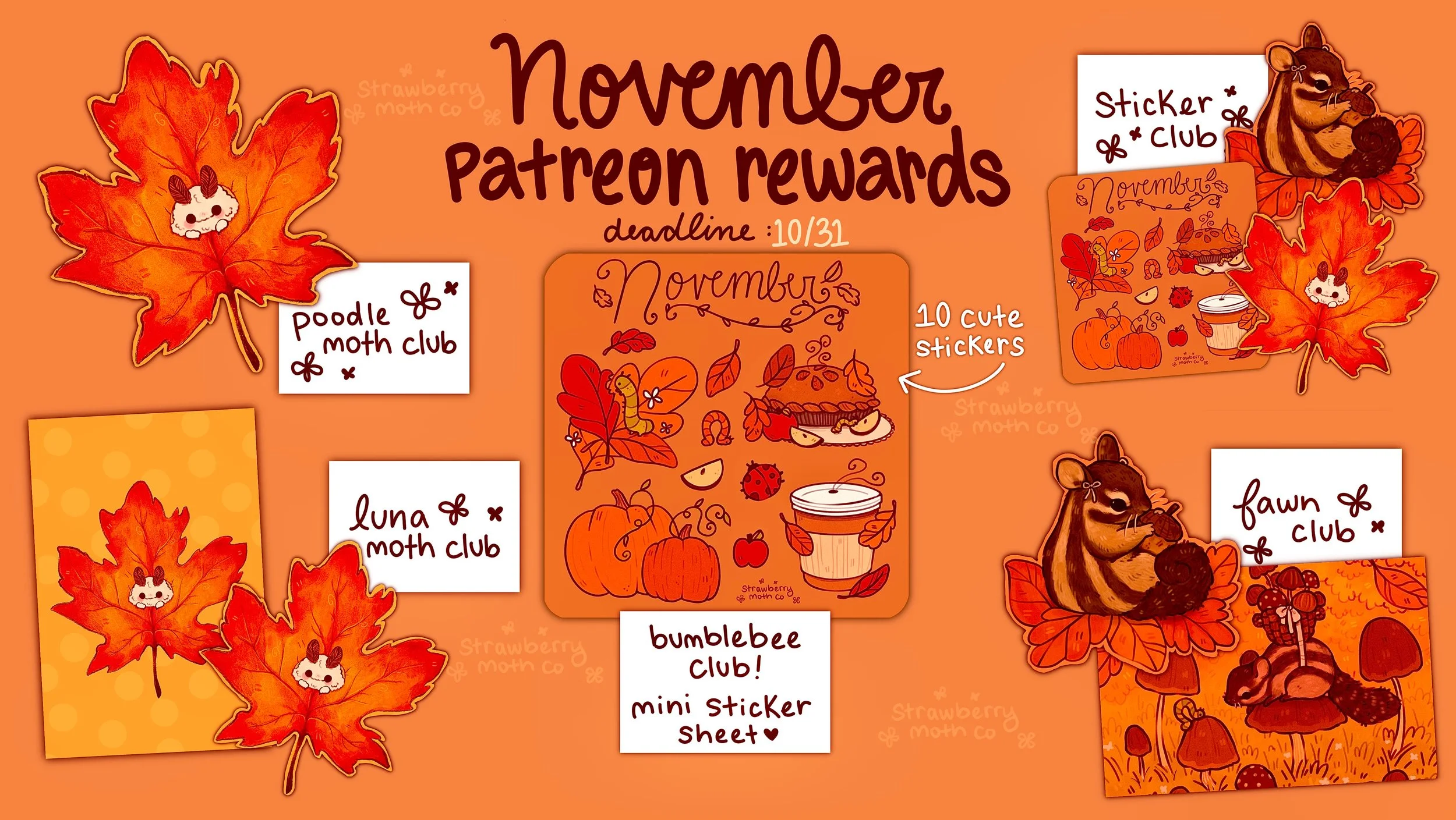 A colorful poster advertising November Patreon rewards featuring autumnal themes and cartoon animals. The poster includes illustrations of fall leaves, pumpkins, and a squirrel, with text mentioning 10 cute stickers and mini sticker sheets for different clubs, such as the sticker club, poodle moth club, luna moth club, bumblebee club, and fawn club.