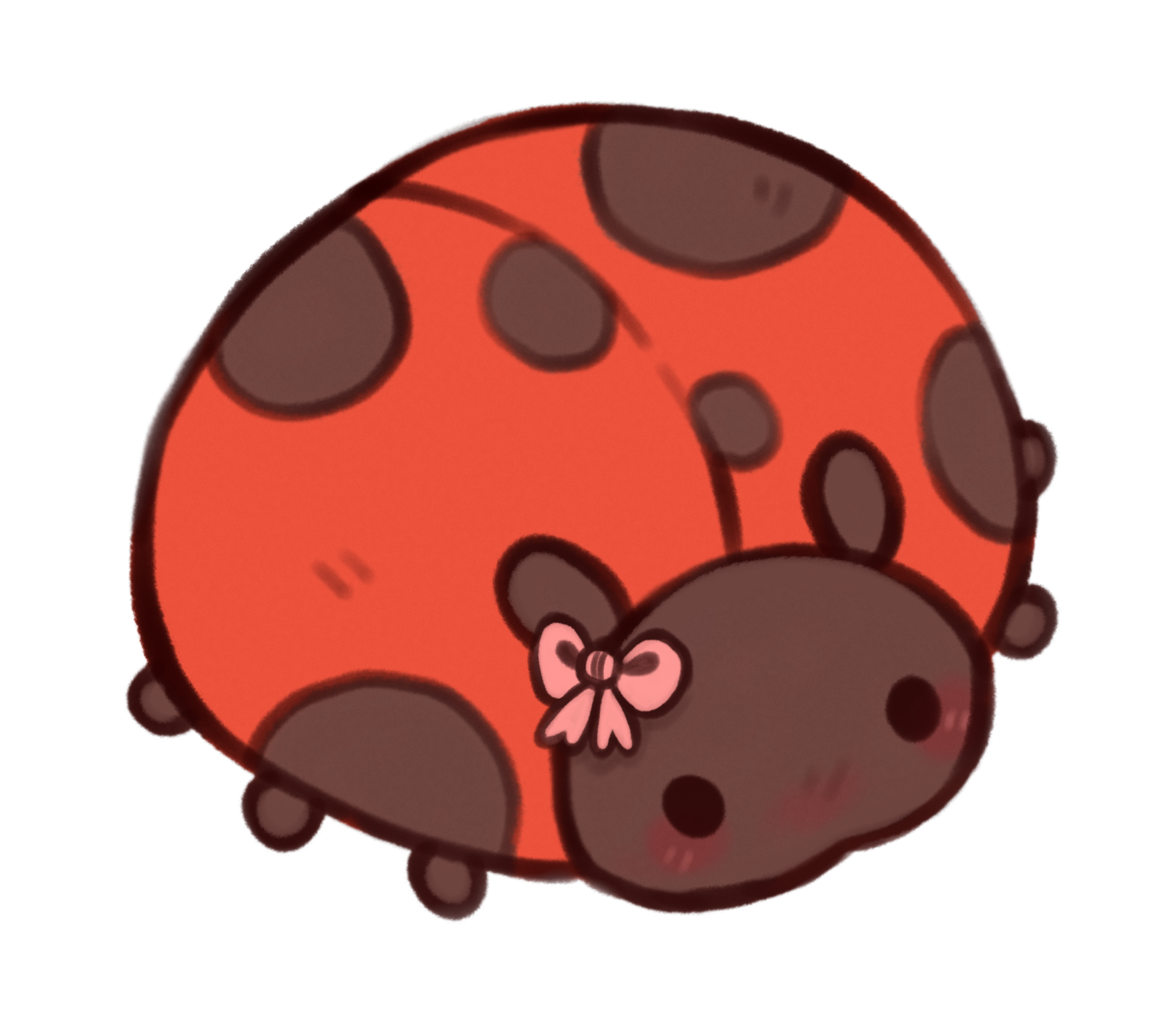 Cute cartoon ladybug with a pink bow on its head and red wings with black spots.