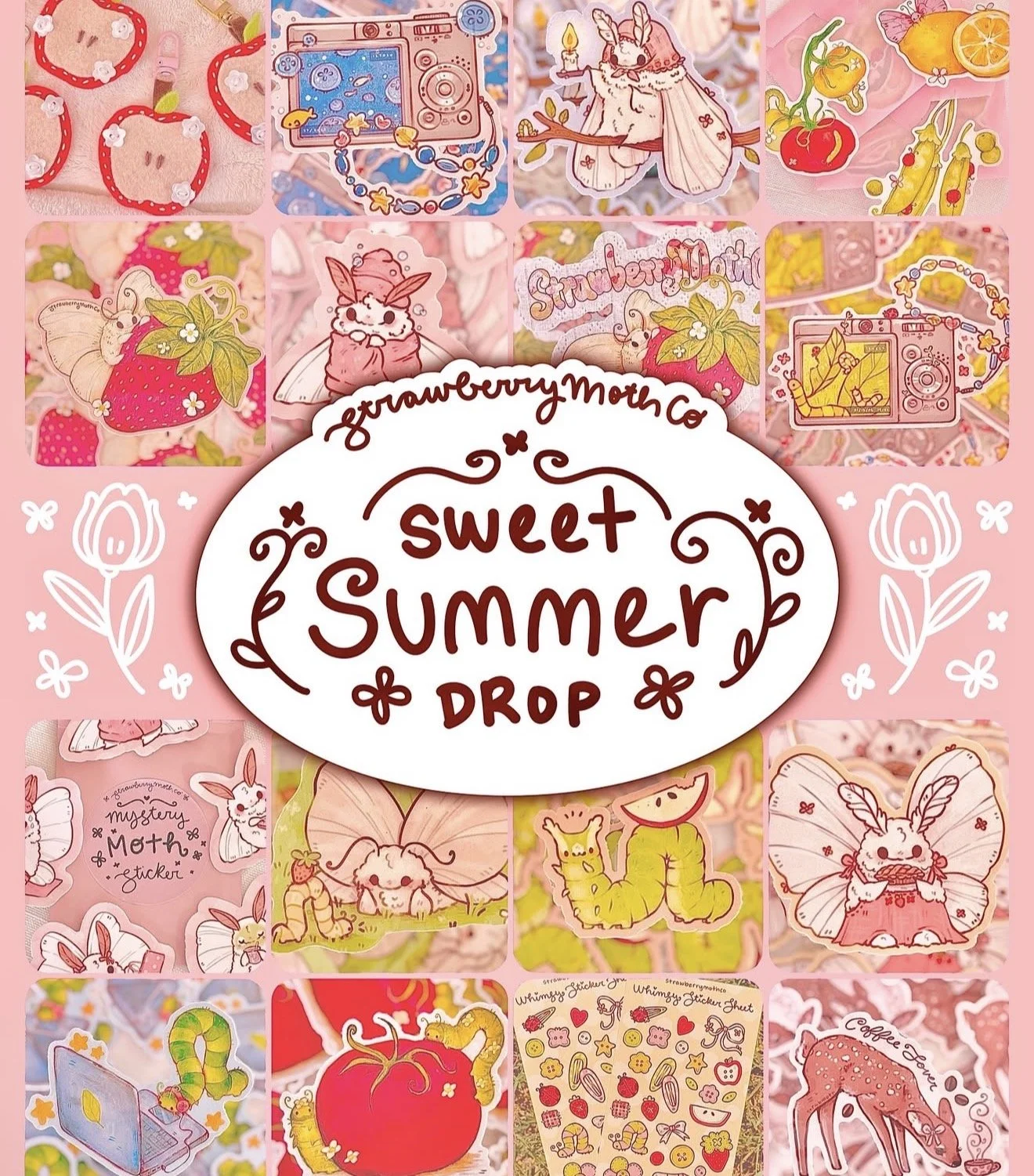 A collage of cute, pastel-colored illustrations of strawberries, bunnies, caterpillars, and summer-themed items behind a central white oval with red handwritten text reading 'Sweet Summer Drop', surrounded by whimsical floral and butterfly doodles.