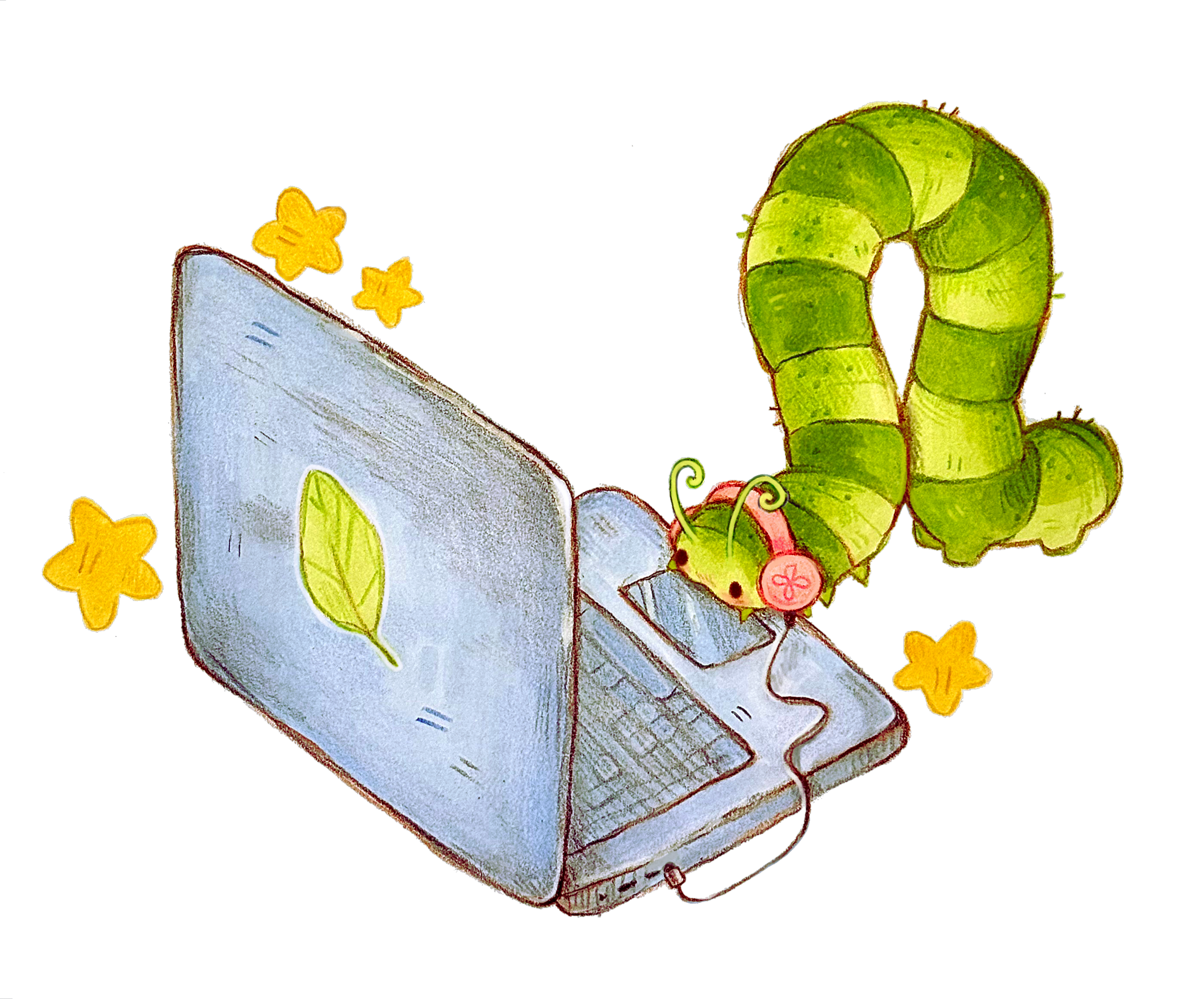 A cartoon illustration of a green caterpillar with pink headphones and antennae sitting on a white laptop with a leaf symbol on its cover. The background is pink, and there are yellow star-shaped symbols around the caterpillar and laptop.