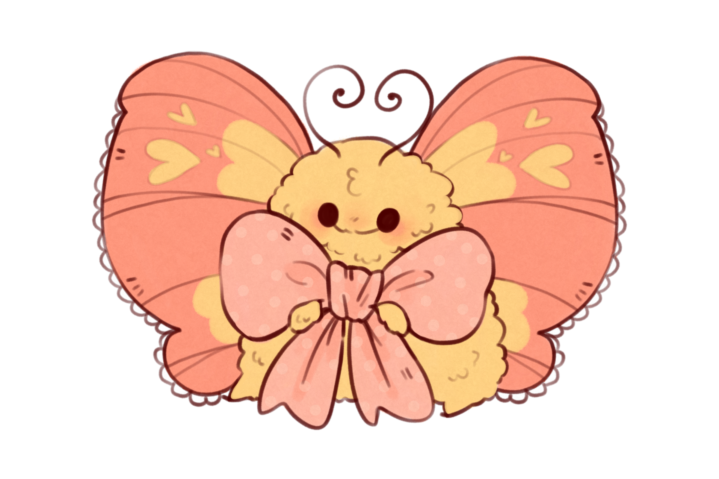 A cute cartoon moth with pink and yellow wings featuring heart shapes, and a fuzzy yellow body with a smiling face, large black eyes, and pink bow on its body.