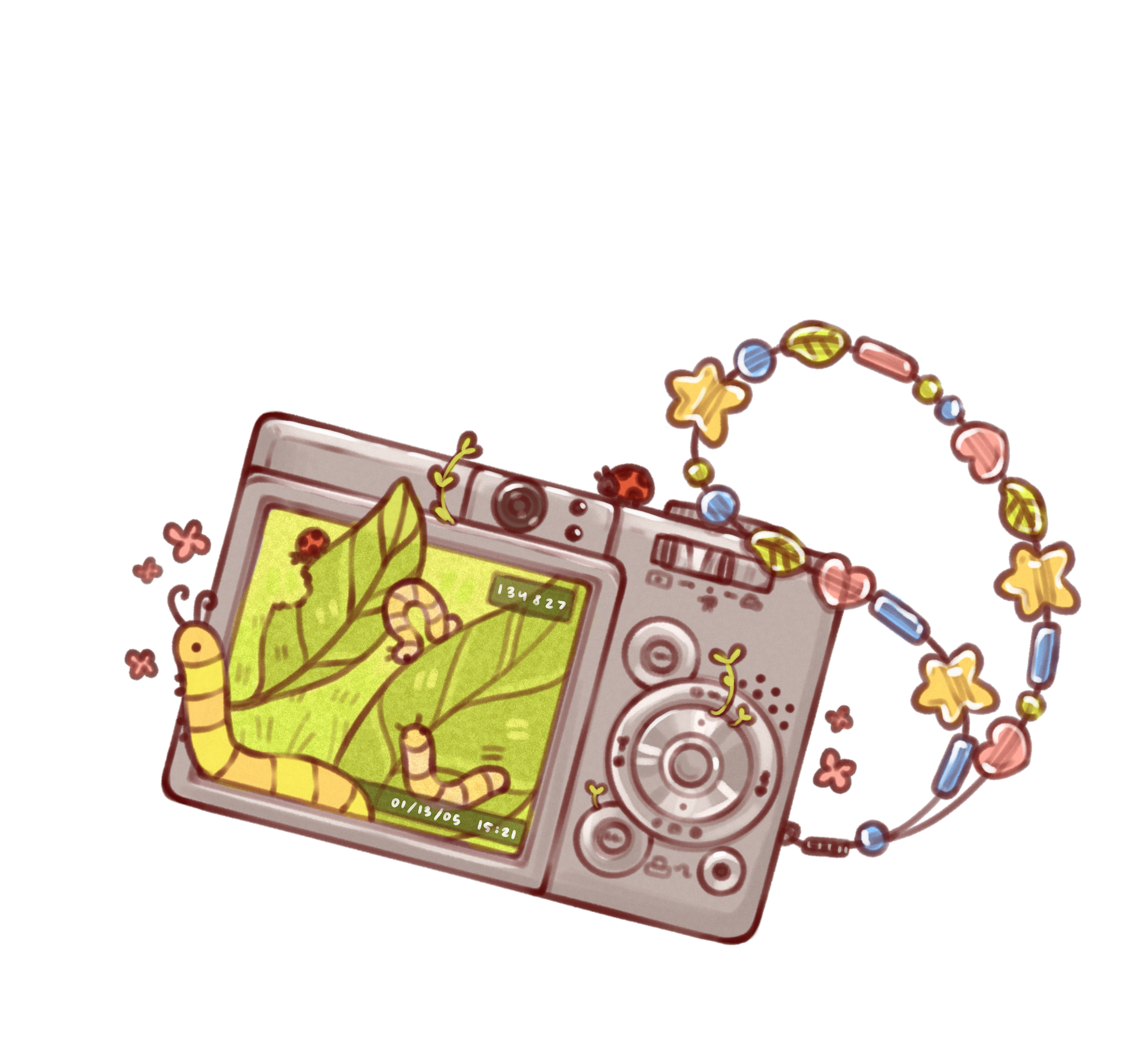 A children's drawing of a digital camera with a scene of worms crawling on leaves on its screen. The drawing is colorful with what appears to be a beaded necklace around the camera.