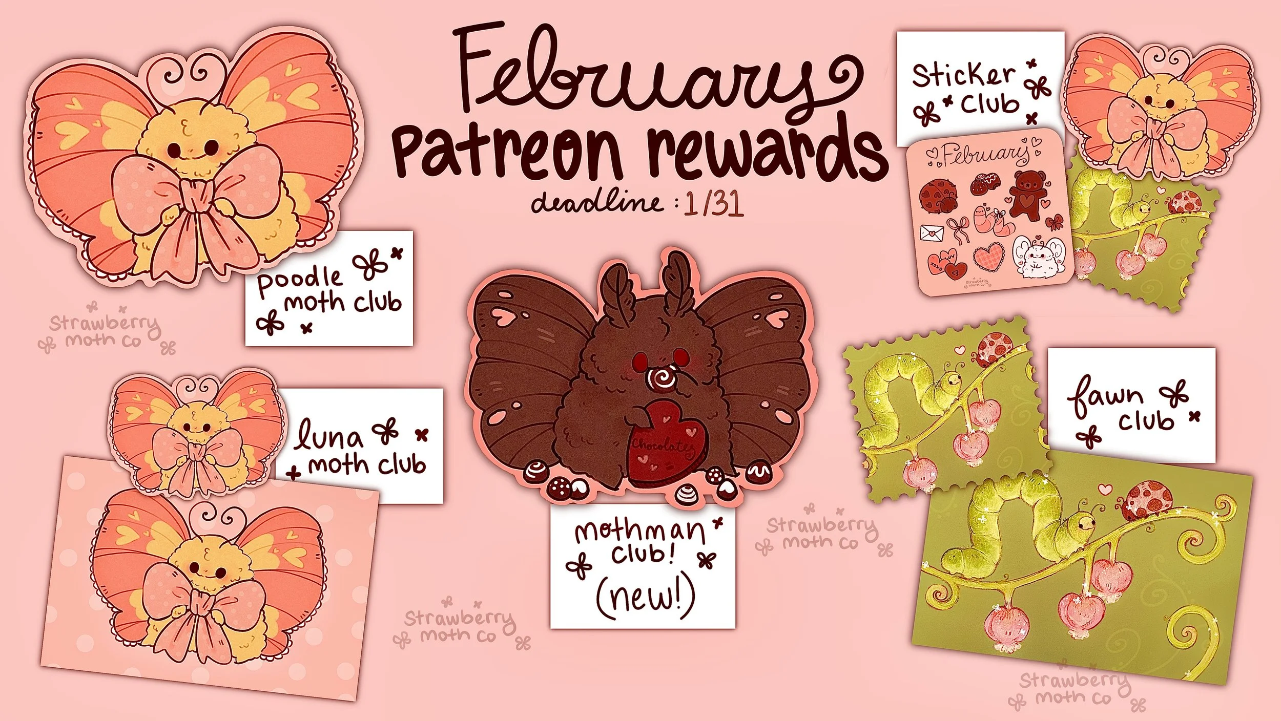 A pink background features various stickers and labels announcing February Patreon rewards for the Strawberry Moth Co. The stickers include adorable butterfly and moth characters with bows, berries, worms, and chocolates, along with several labels for clubs such as Poodle Moth Club, Luna Moth Club, Mothman Club, Sticker Club, and Fawn Club, all decorated with cute and colorful illustrations.