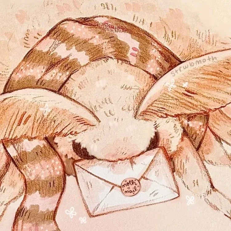Illustration of a cute strawberry with wings holding an envelope labeled "moth mail."