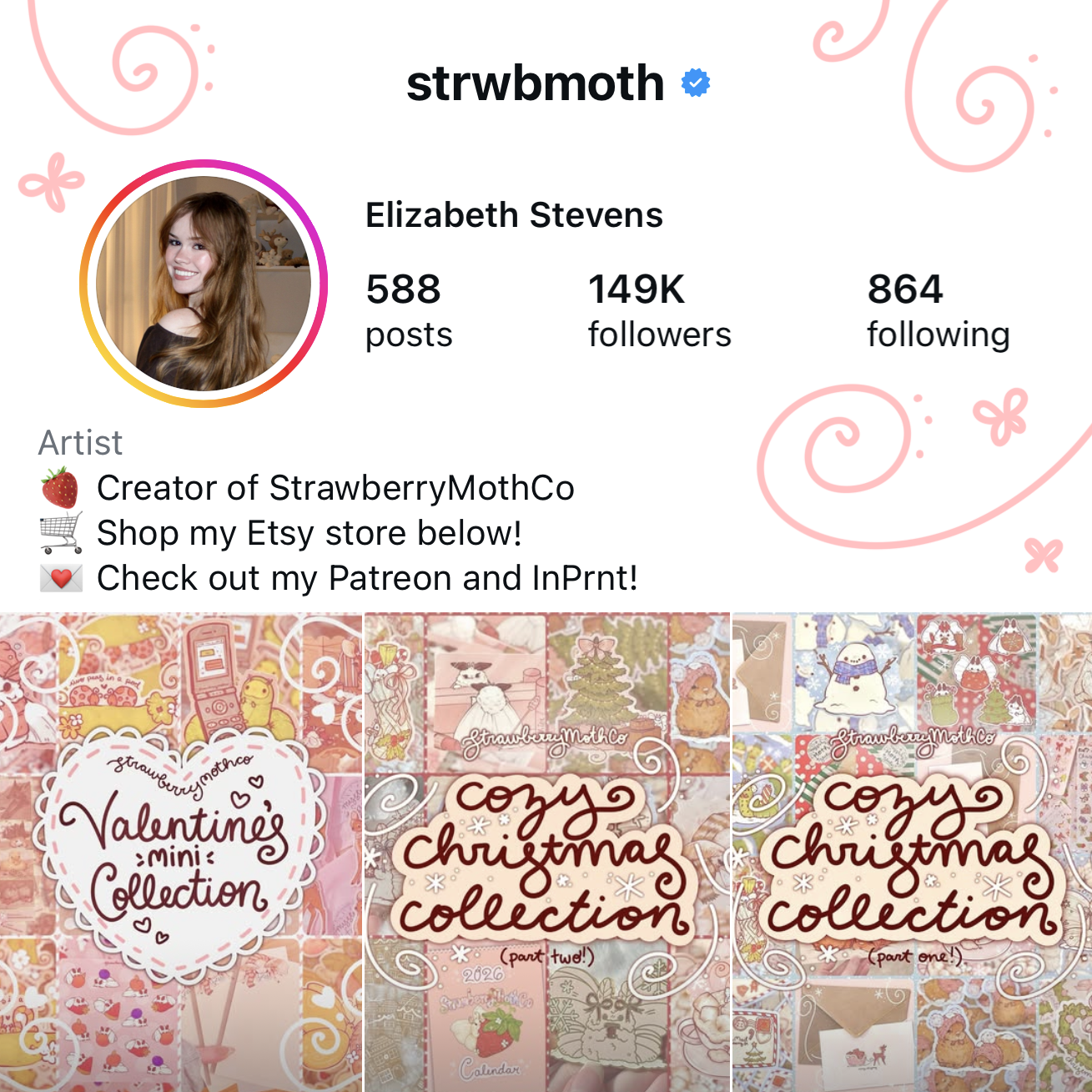 Instagram profile page of Elizabeth Stevens, an artist who creates StrawberryMothCo art. The page features her profile picture, follower count, and a collage of her sticker collections, including Valentine's and Christmas collections.