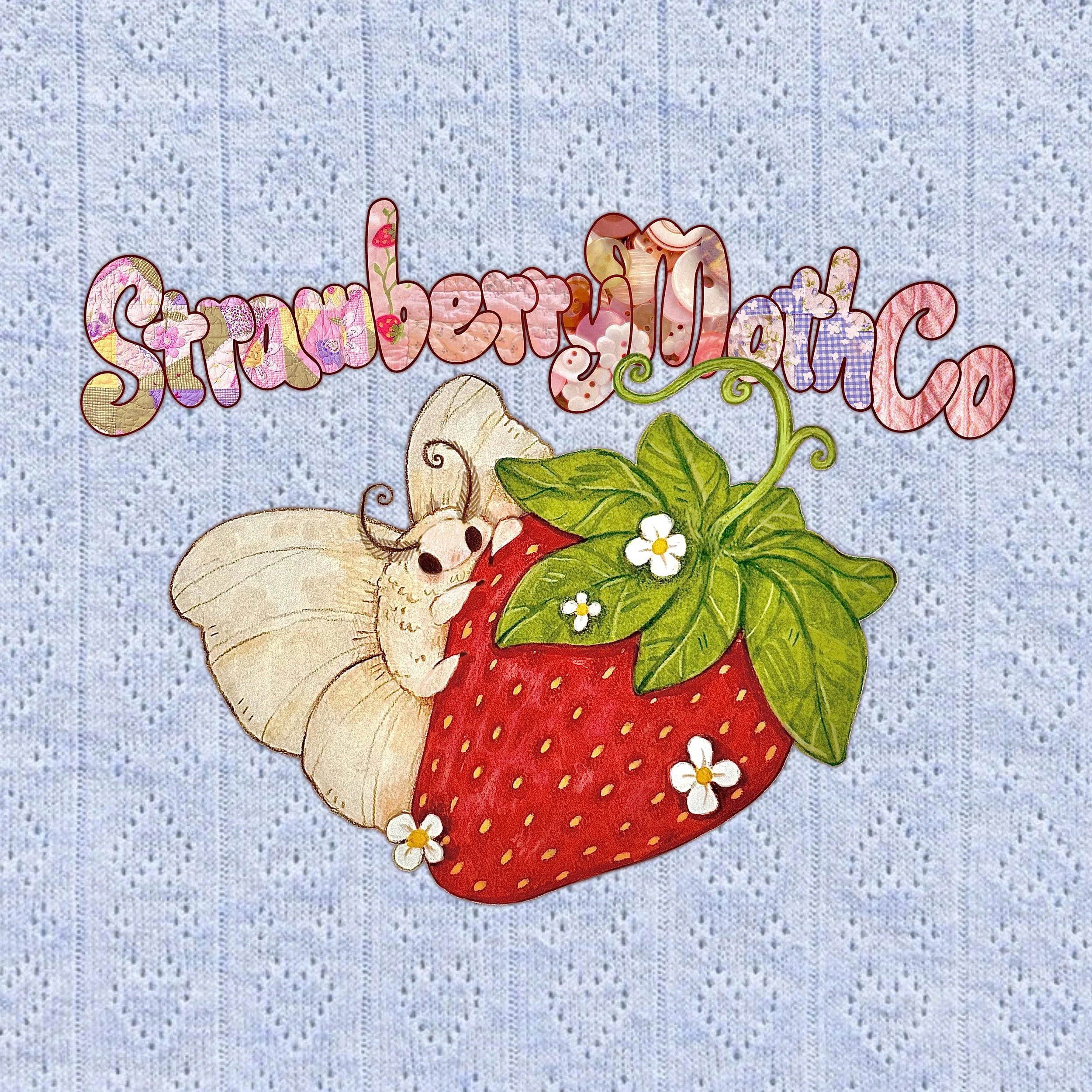 Decorative embroidery featuring a large red strawberry with green leaves, a cute butterfly, and the words 'Strawberry, Organic' in pink and floral patterns on a light fabric background.