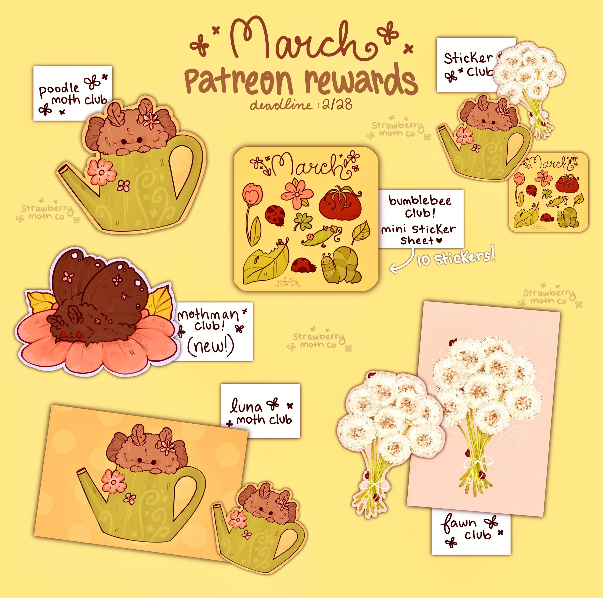 A colorful graphic showcasing March Patreon rewards including various sticker designs and mini sticker sheets featuring a cute bear character, flowers, and plants. The graphic indicates deadlines, club titles, and badges for different sticker sets.
