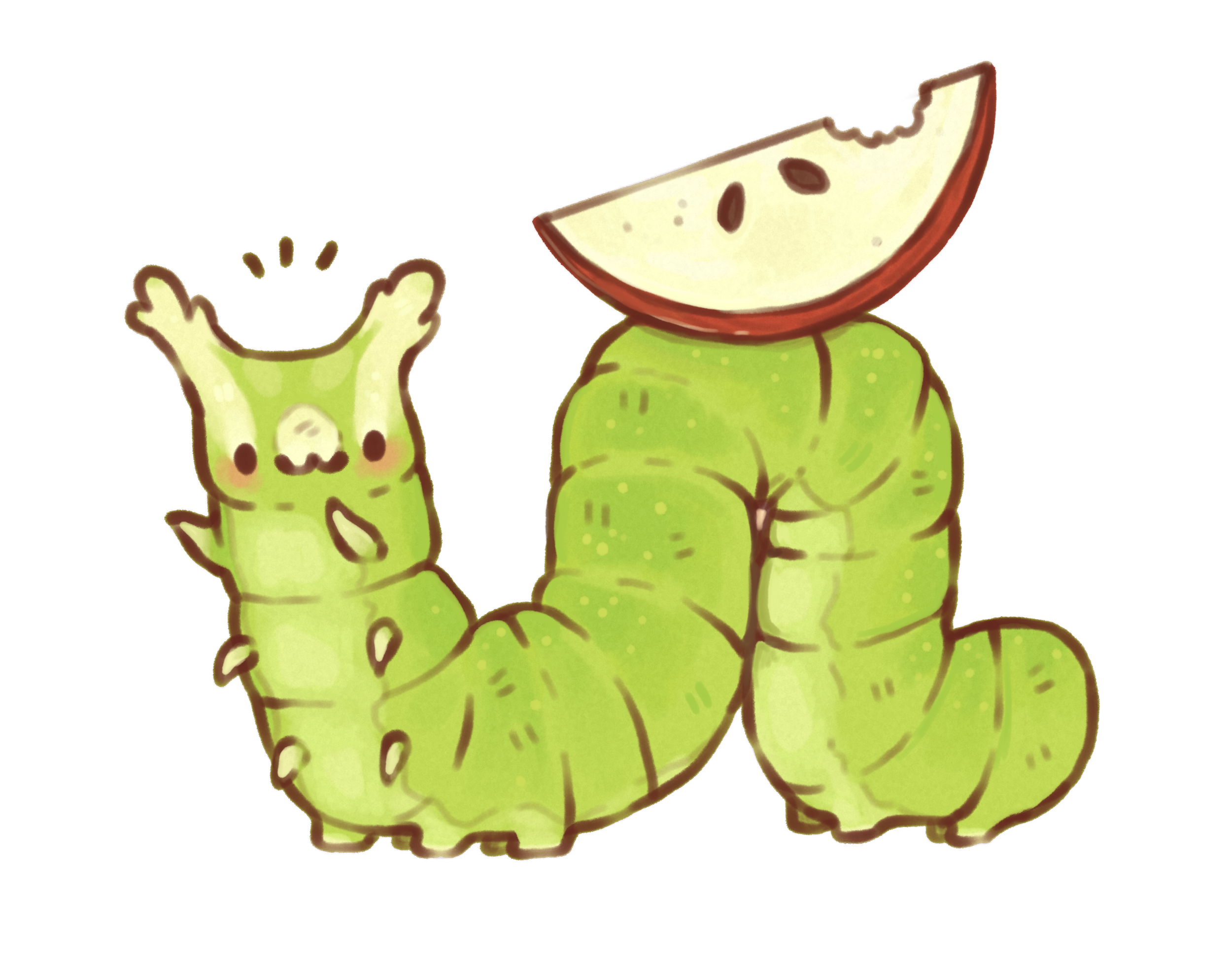 An illustrated caterpillar with a green body and a watermelon slice as its head, smiling with a cute face.