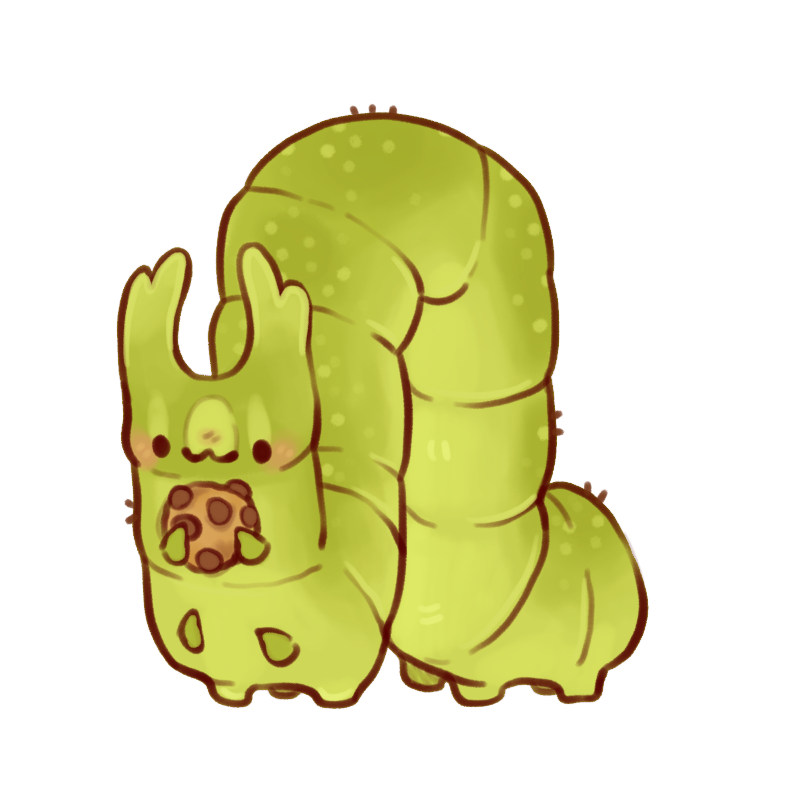 Cute cartoon green caterpillar with two antennae, a smiling face, blushing cheeks, and holding a small chocolate chip cookie.