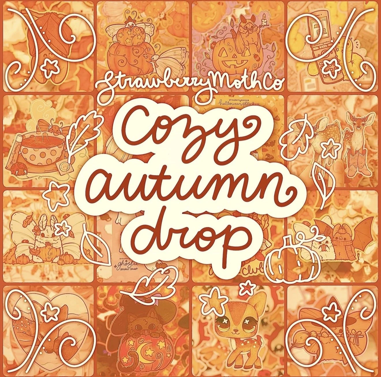 Autumn-themed celebration with Halloween and fall elements, including pumpkins, leaves, a witch's hat, and cute animals, with a central message reading 'cozy autumn drop'.