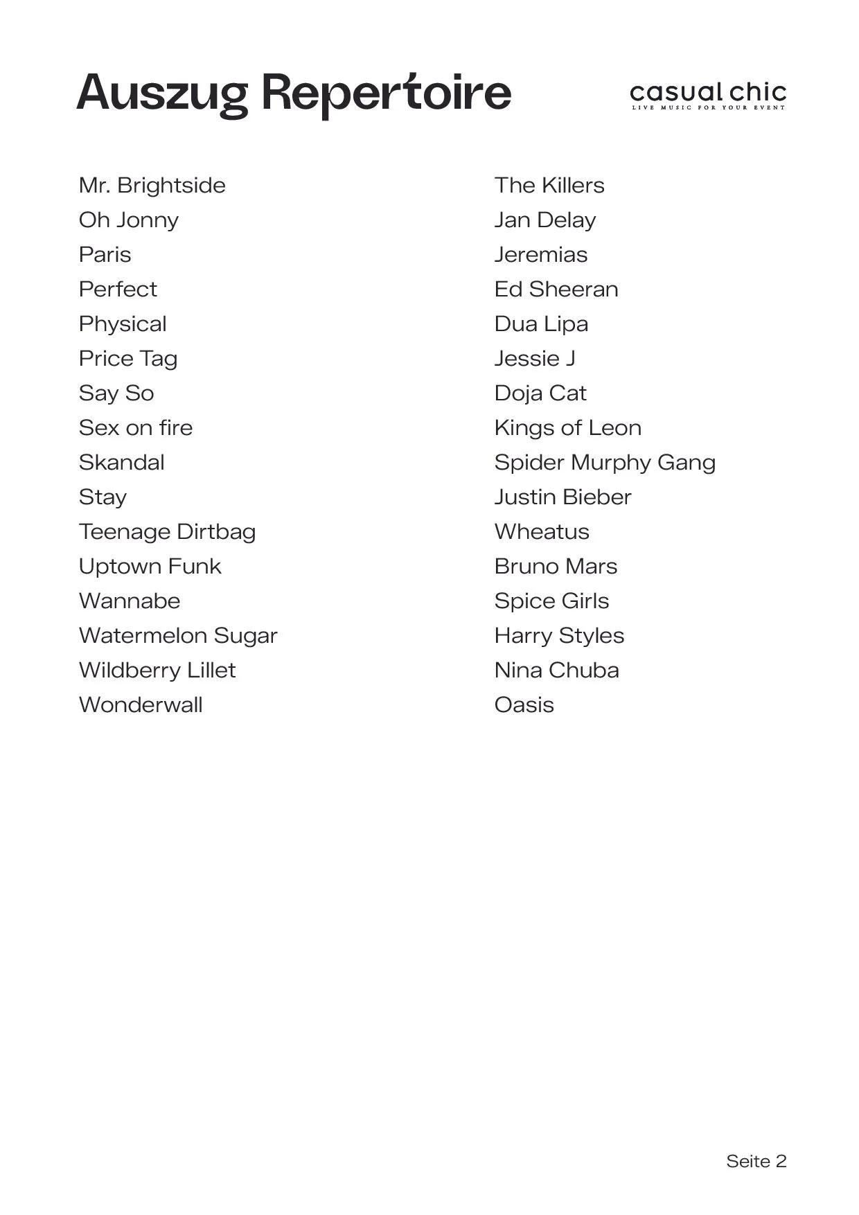 Die Setlist einer Band mit Musiktiteln und Interpreten, Überschrift 'Auszug Repertoire' und das Logo 'casual chic'.