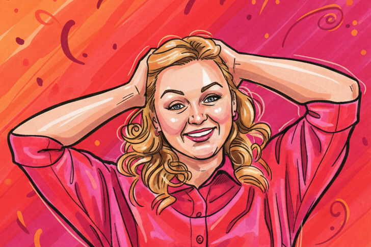 Digital illustration of a woman with curly blonde hair, wearing a pink shirt, smiling and holding her hands behind her head against a vibrant, colorful background.