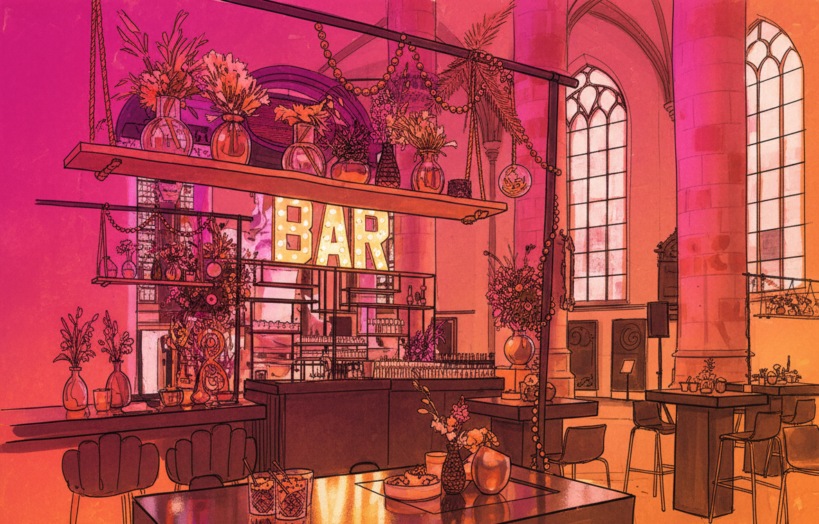 Illustration of a cozy bar with large arched windows, decorated with flowers and vases, pink and orange lighting, and a glowing 'BAR' sign, featuring tables, chairs, and hanging decor.